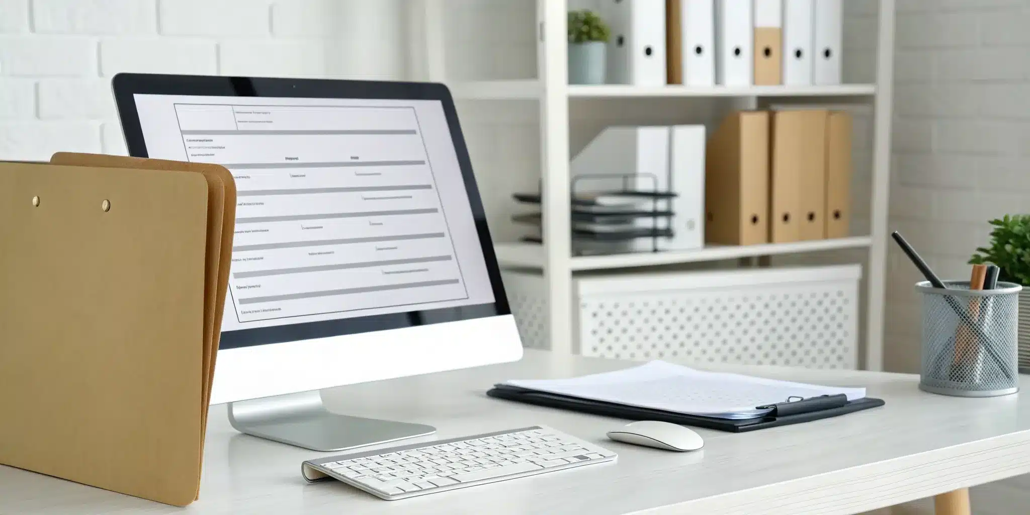 A permit application form on a computer screen, with project plans and documents organized on a desk.