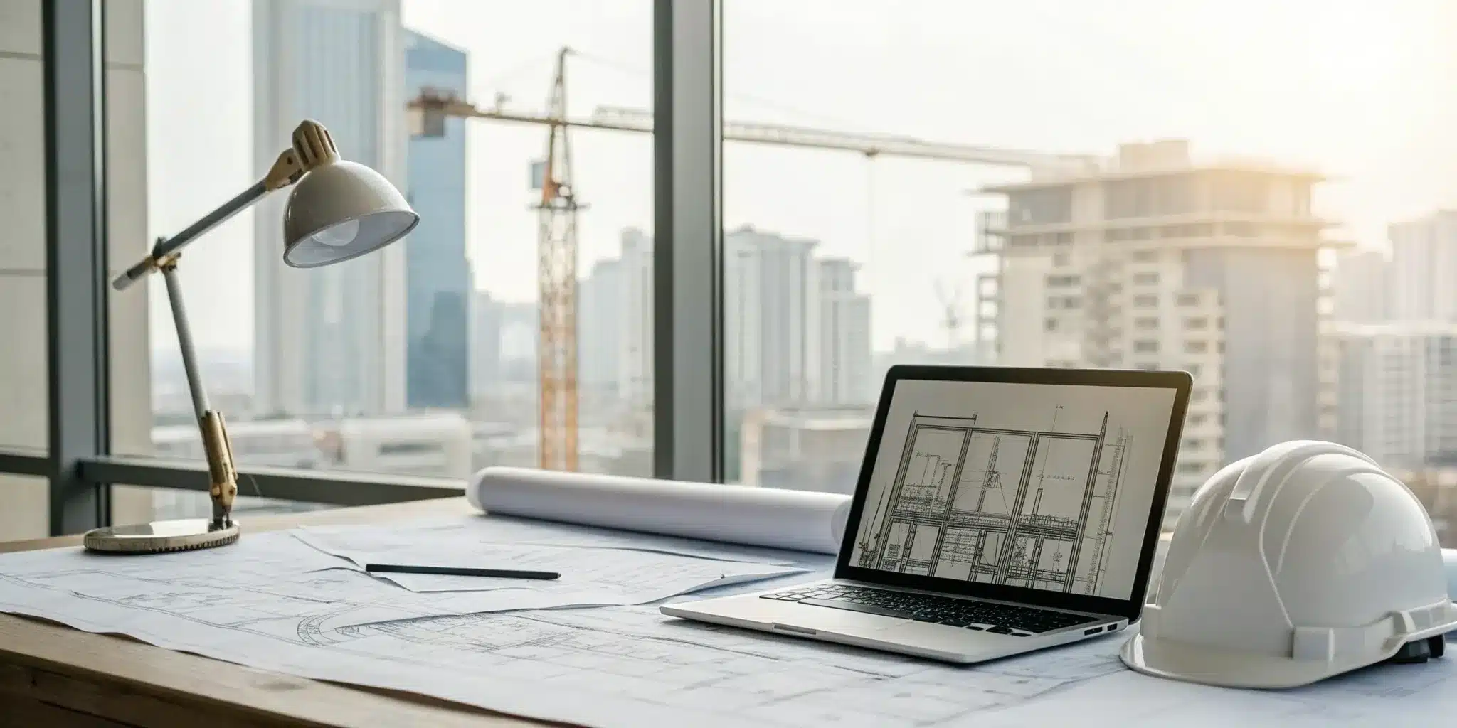 A structural engineer's desk with a structural report on a laptop, blueprints, and hard hat.