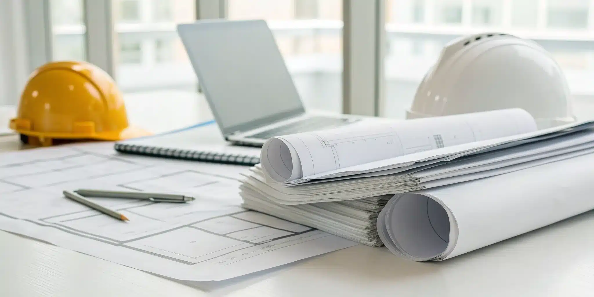 A building permit set with architectural plans and a hard hat on a desk for project approval.