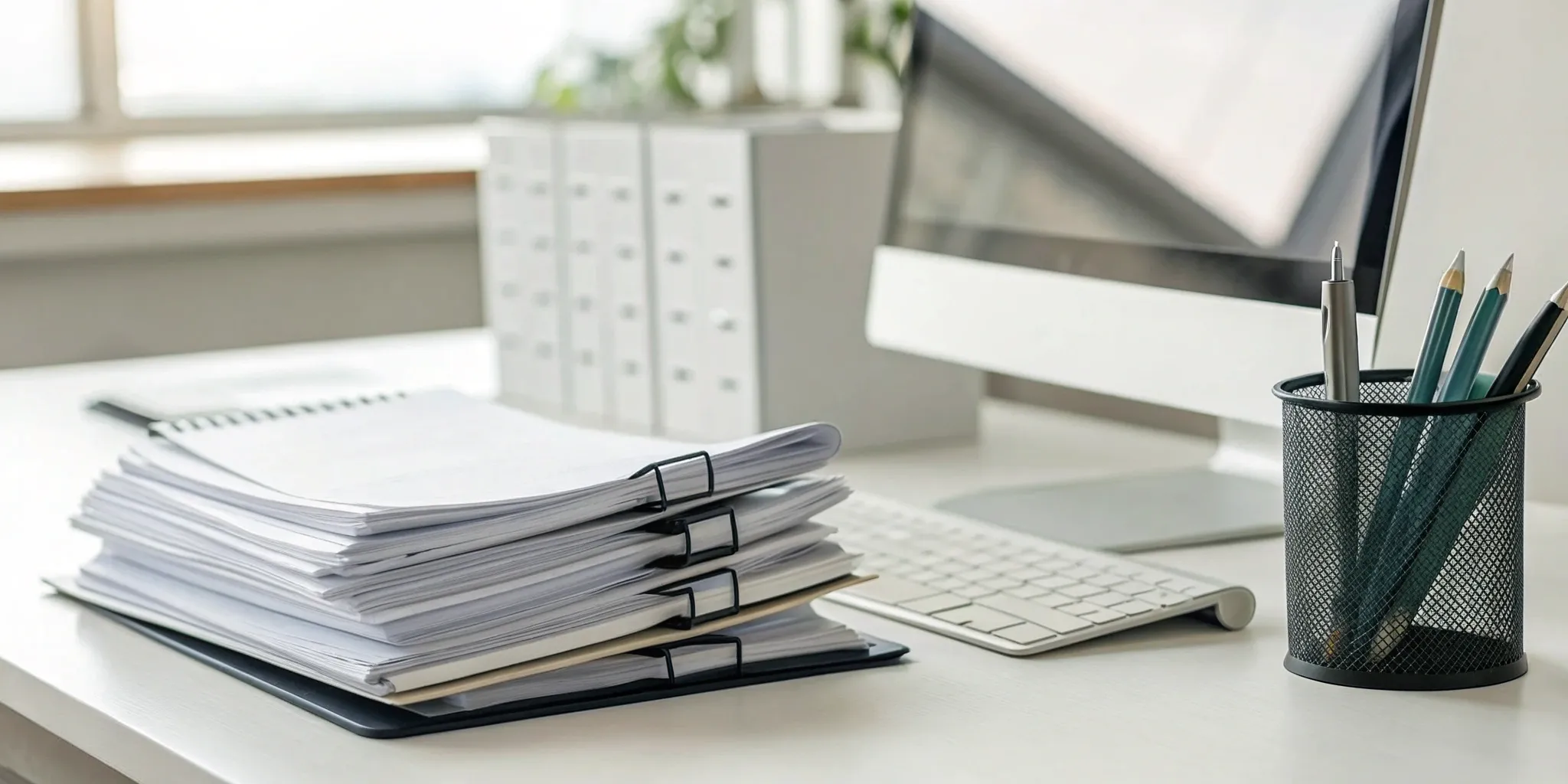 A desk with a plan review checklist and building plans for a permit application.