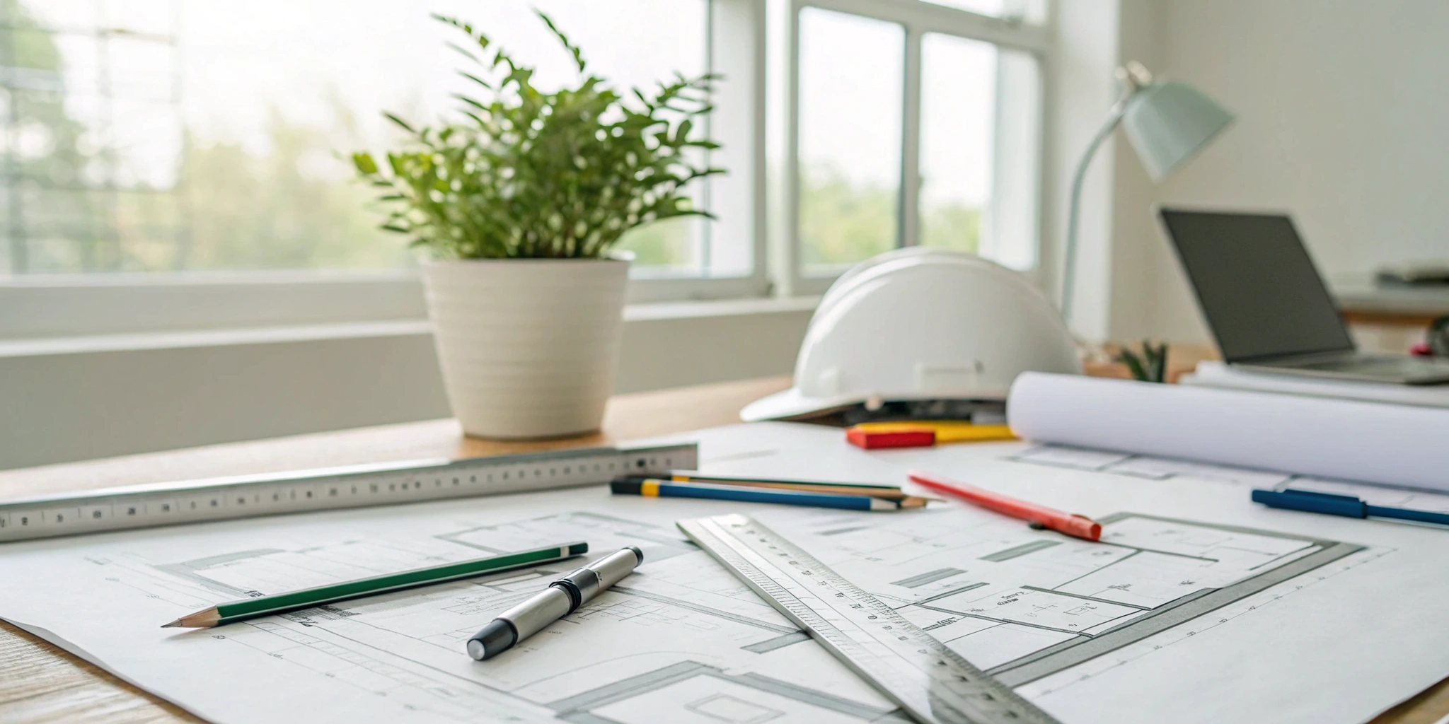 An architectural site plan on a desk with a hard hat and tools undergoing review.
