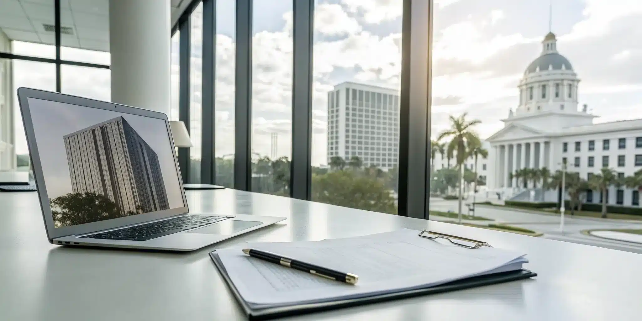 Office desk with a laptop and TCO permit paperwork overlooking Florida government buildings.