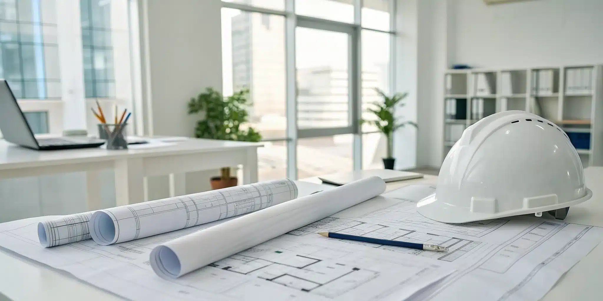 Florida building permit blueprints, a hard hat, and a pencil on an architect's desk.
