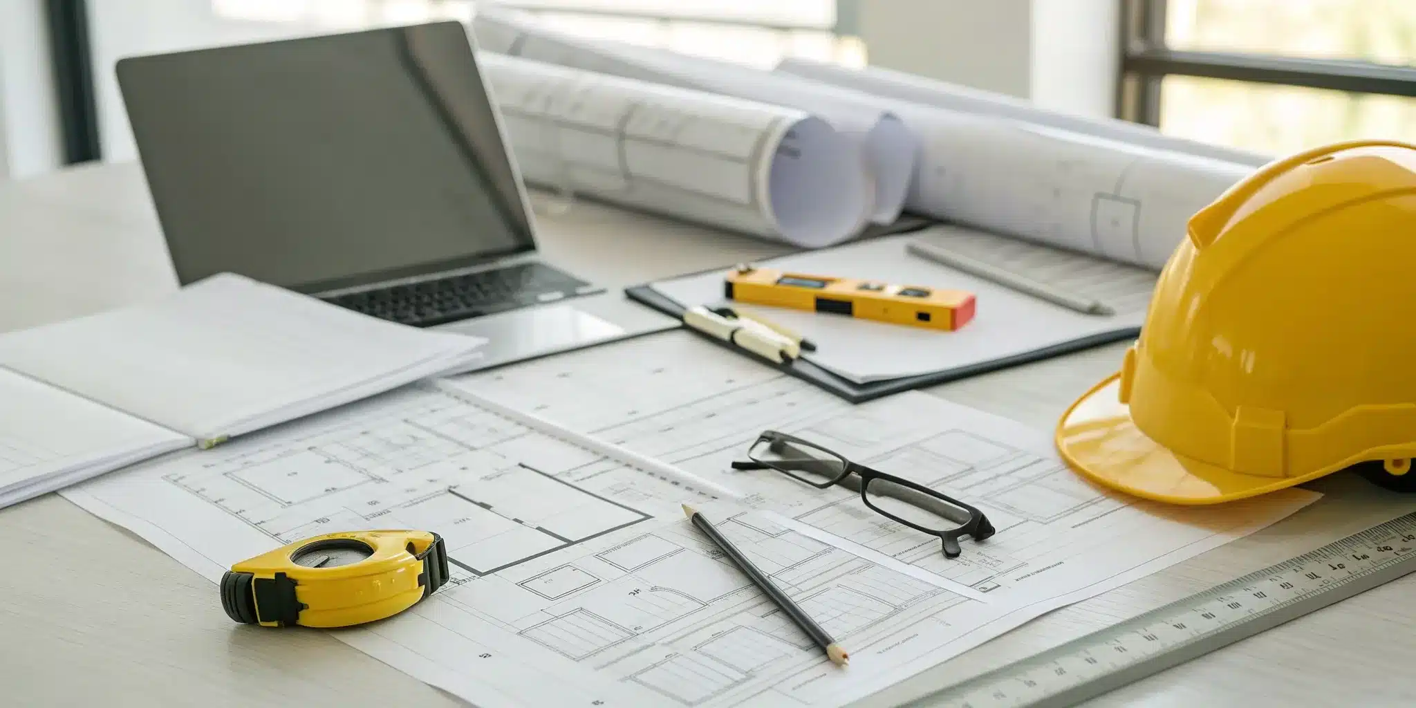 Engineering tools and blueprints on a desk for a milestone inspection report.