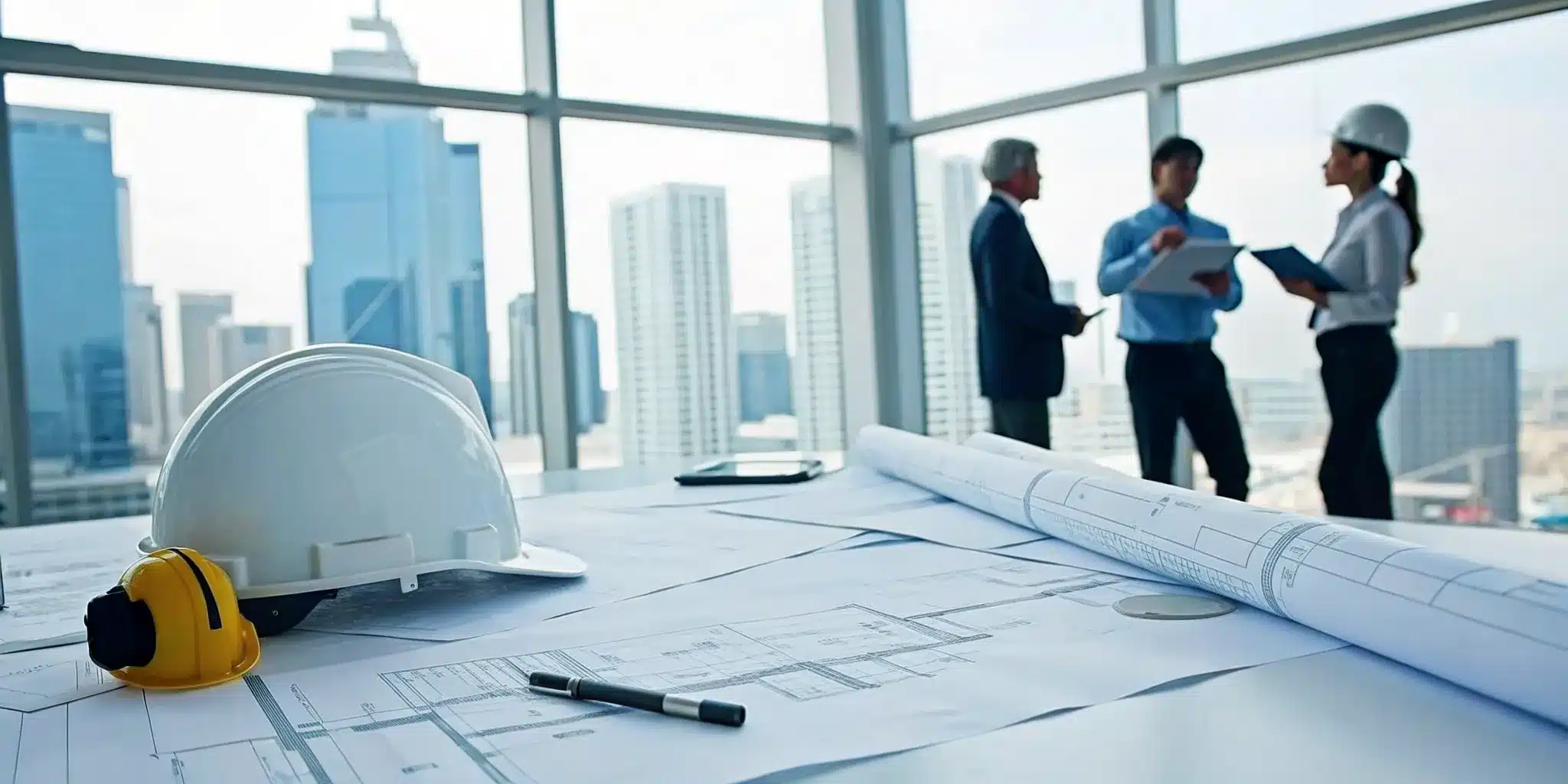 Professionals using a permit expediting service to review construction project plans.