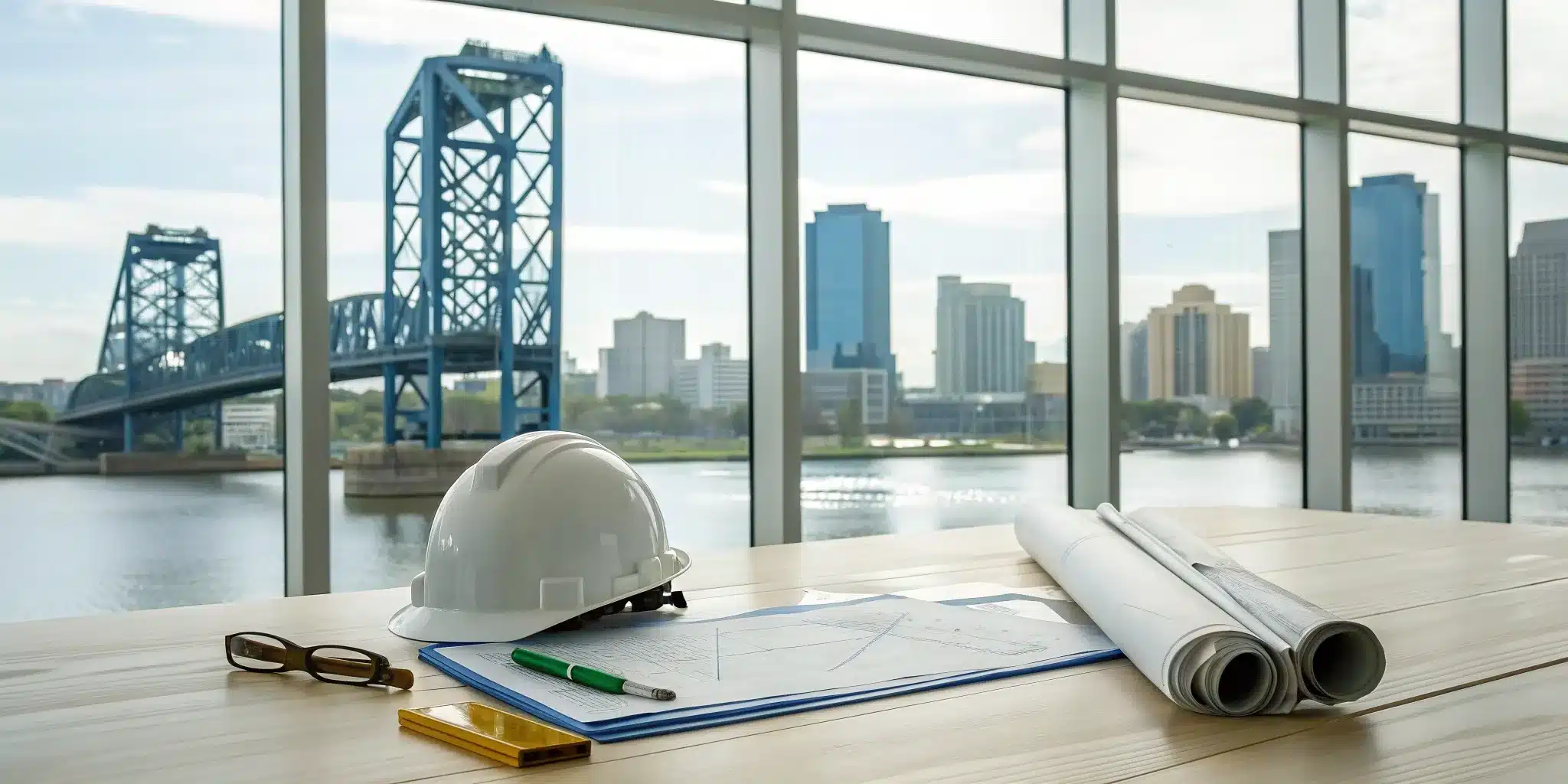 Industrial project permitting in Jacksonville with blueprints and a hard hat before the city skyline.