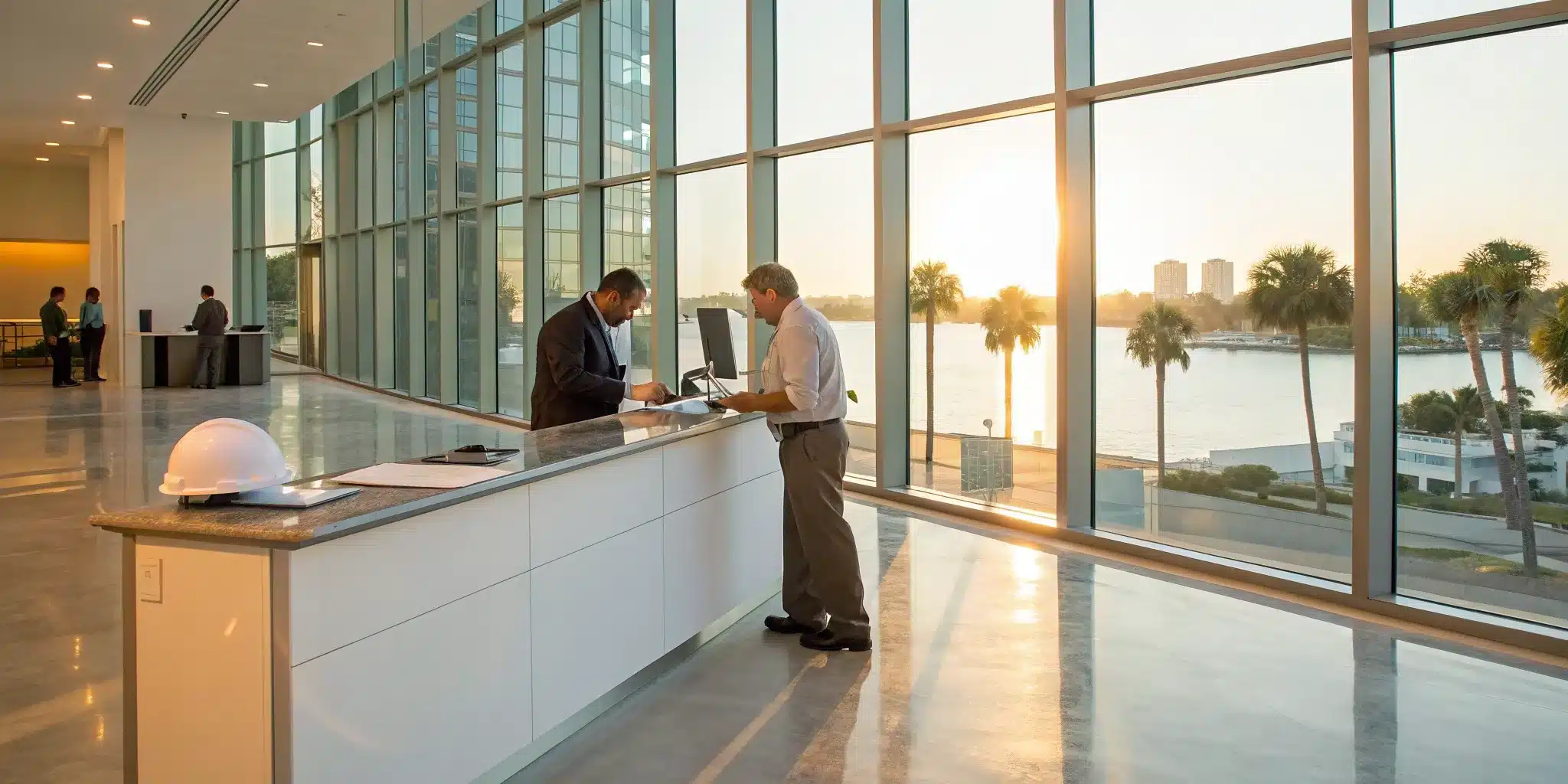 Two men discussing permit runner services at an office desk in Florida.