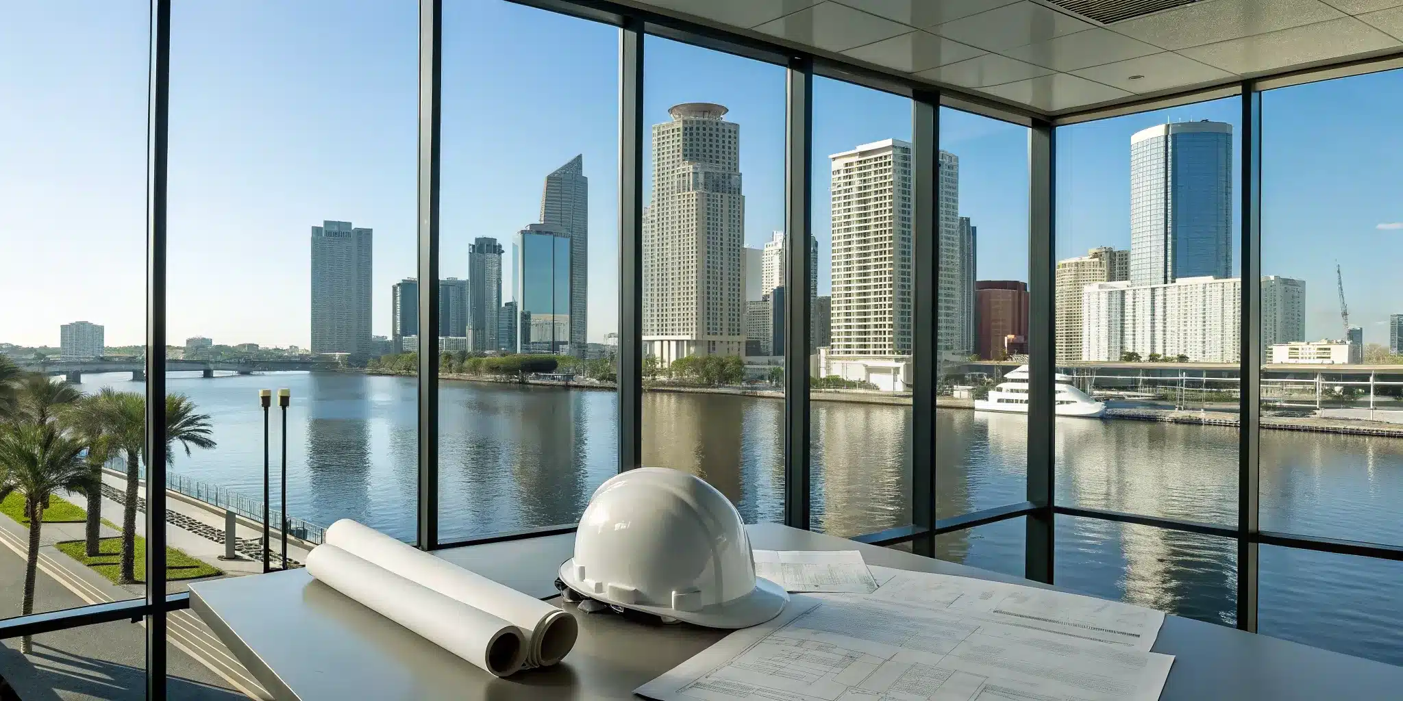 Construction plans and a hard hat on a desk overlooking Tampa, for specialty permit services.