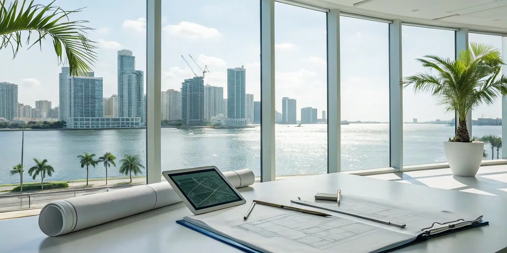Zoning permit services for a Miami project with architectural plans on an office desk.