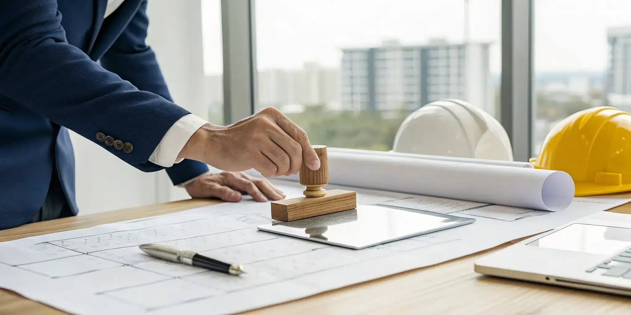 Applying for a construction permit with application documents, blueprints, and a hard hat on a desk.
