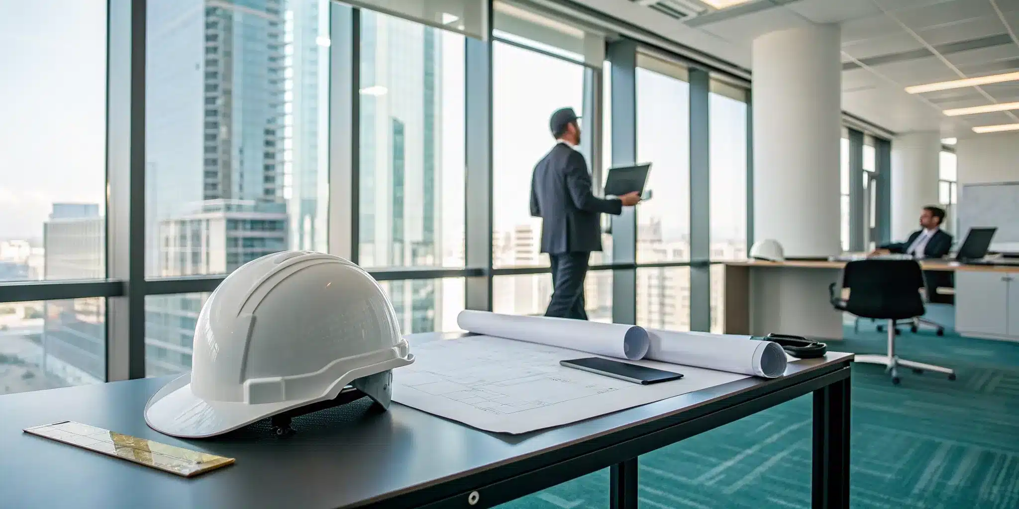 A team reviews construction blueprints and permit applications to avoid project delays.