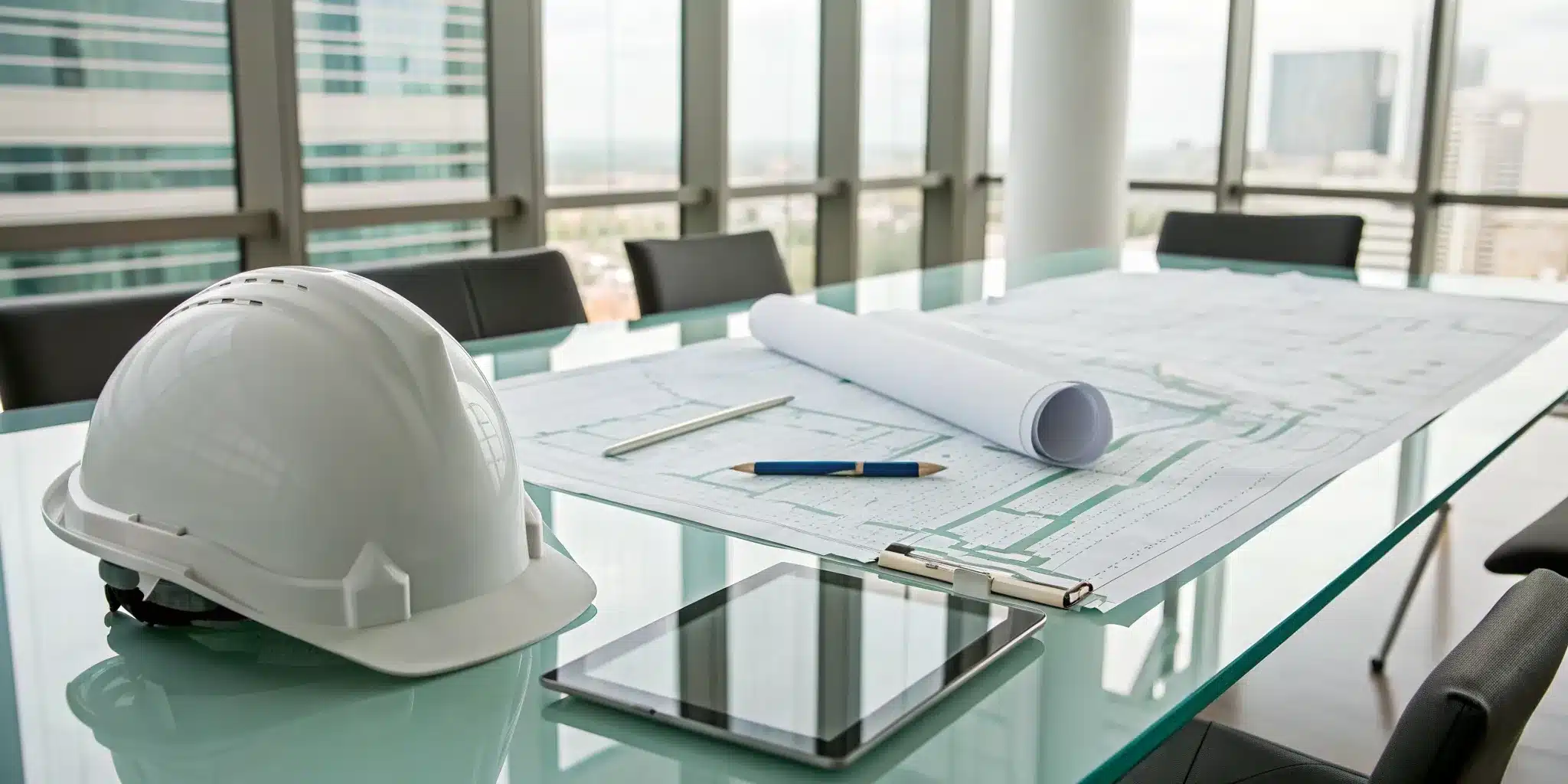 A hard hat and engineering blueprints on a desk for planning a drainage permit application.