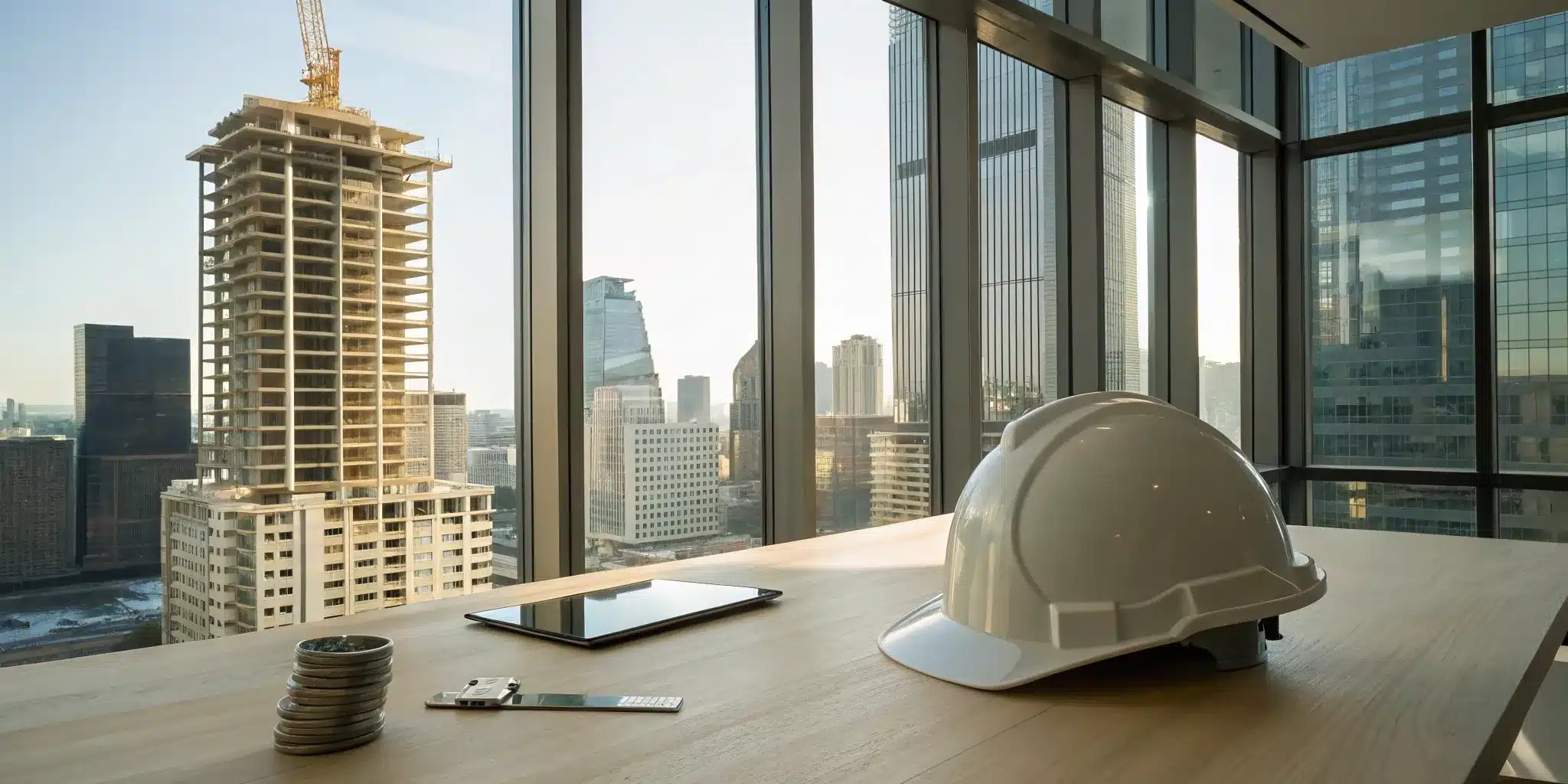 Calculating the milestone inspection cost with a tablet, hard hat, and coins on a desk overlooking a building.