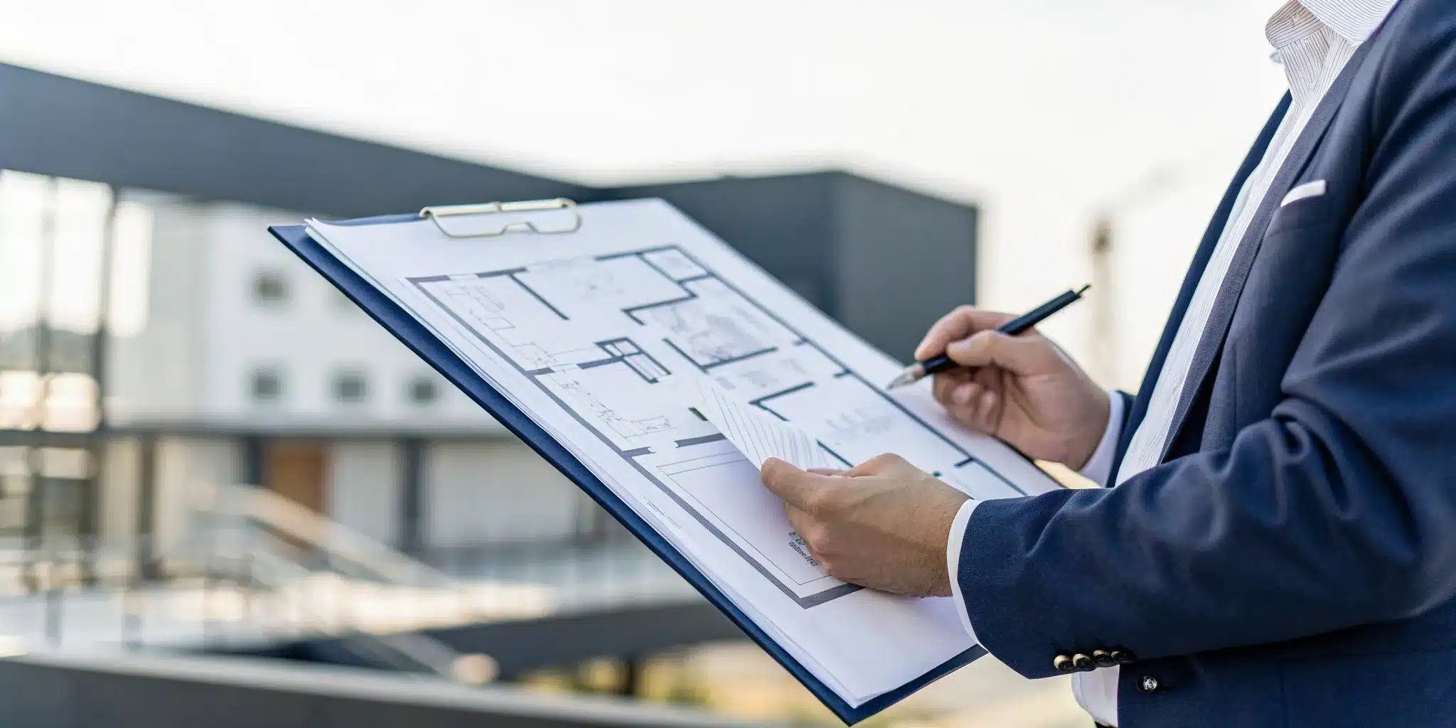 A person reviewing a site plan on a clipboard for the building permit process.