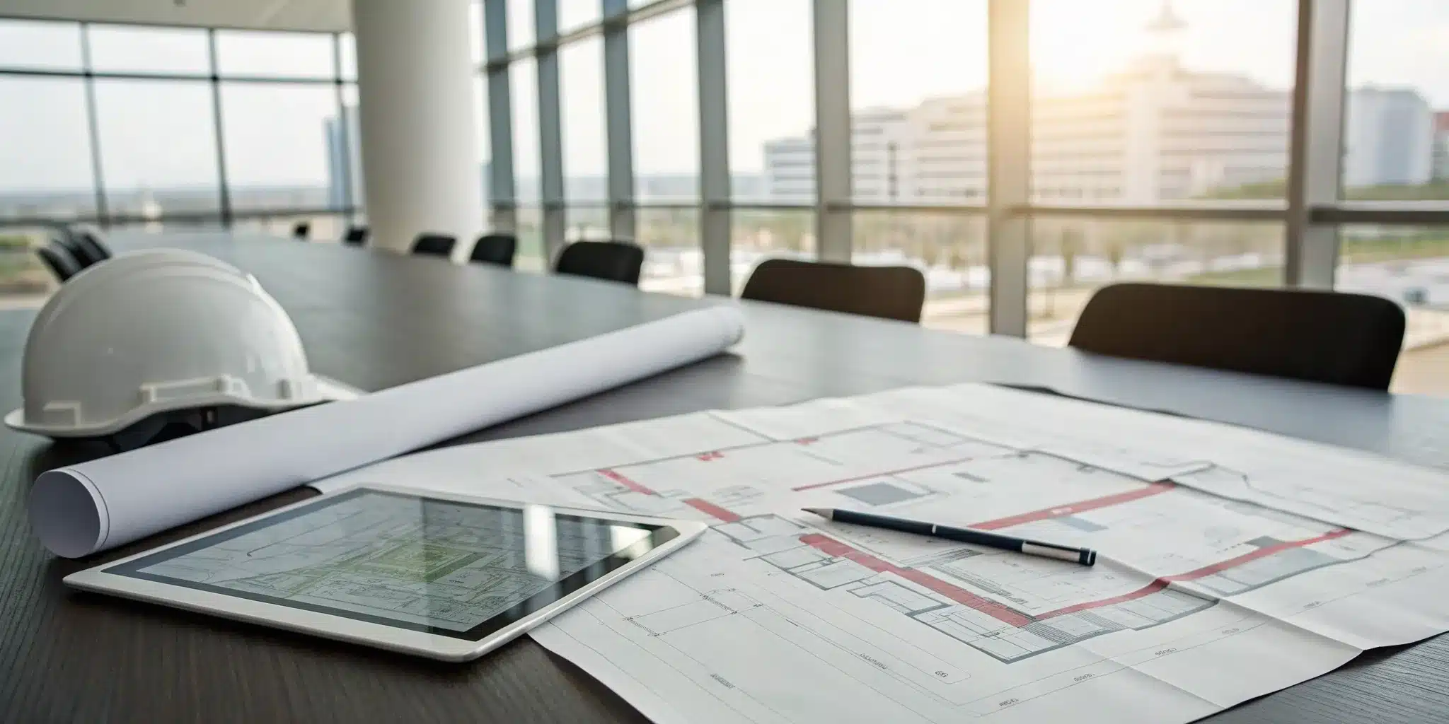 Rolled as-built drawings on a table with a hard hat and a tablet.