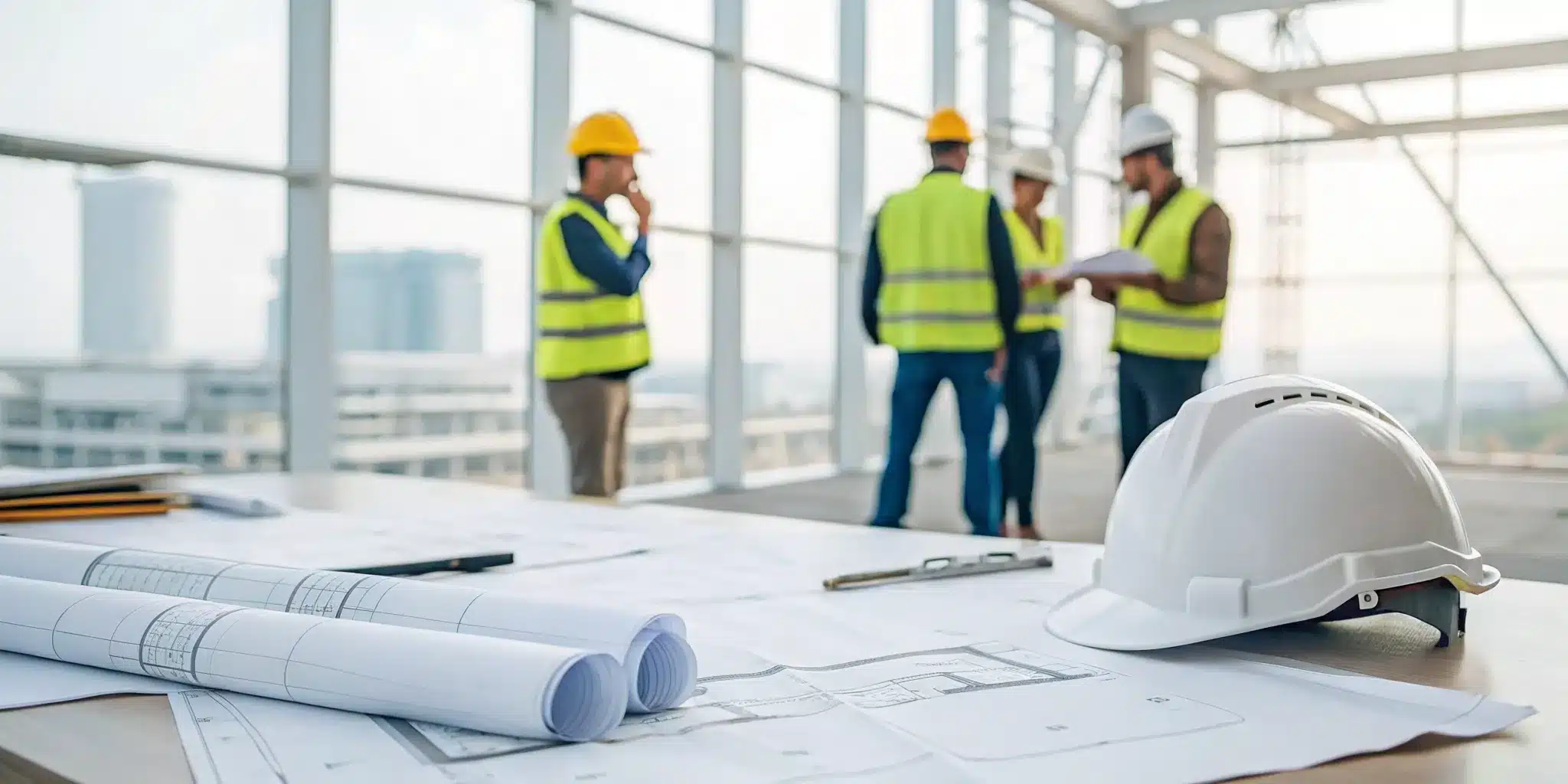 Contractors reviewing construction permit plans with a hard hat on the table.