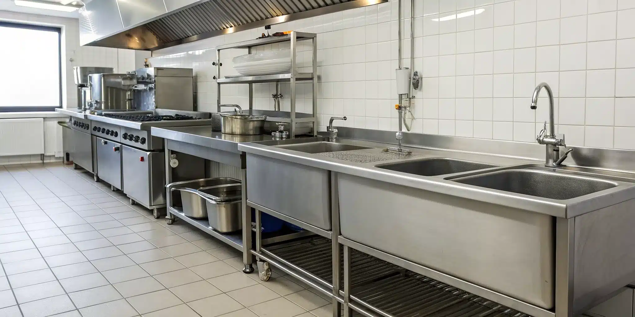 A commercial kitchen grease trap installed under a sink, a requirement for a food service permit.
