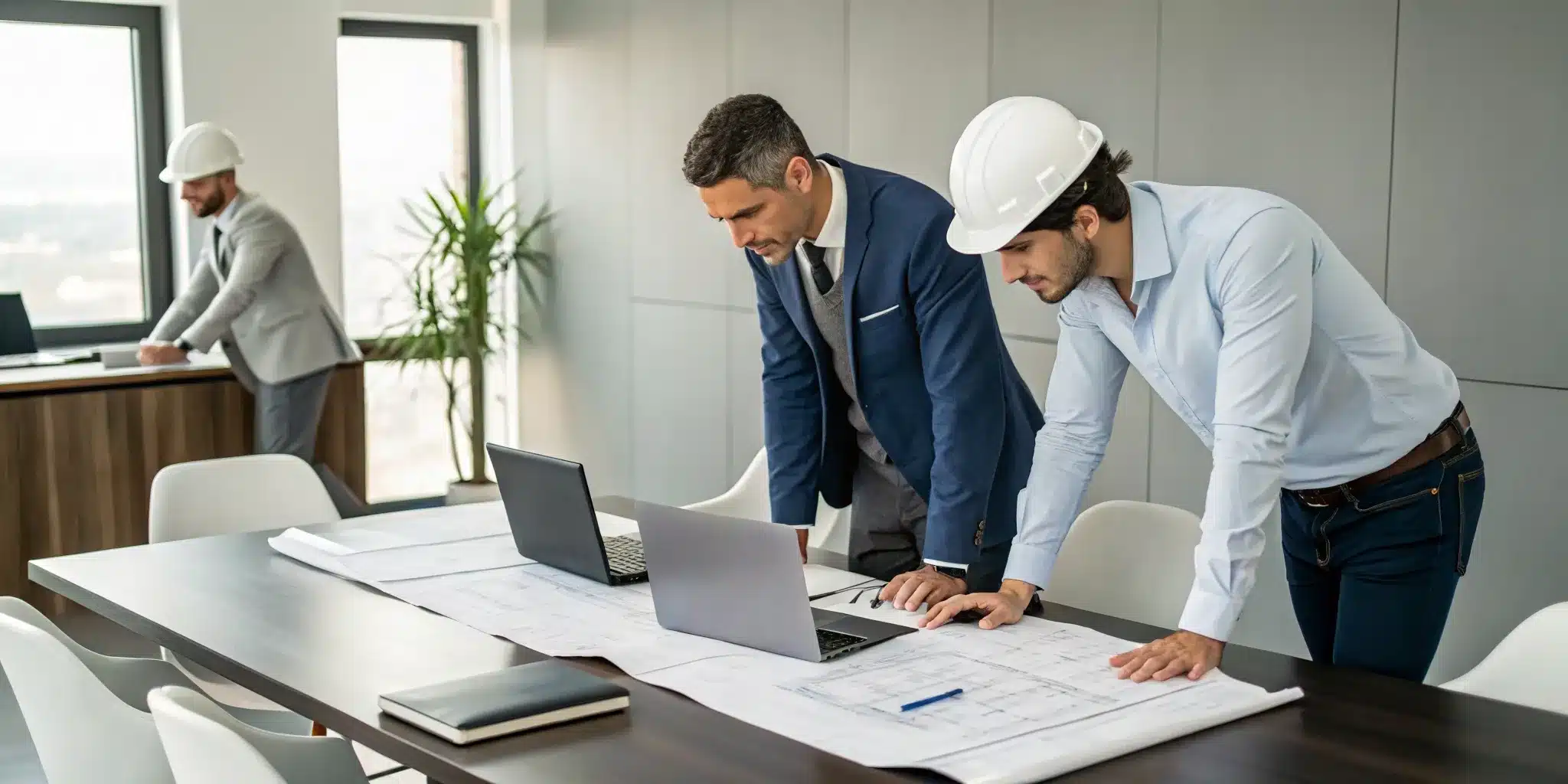 Experts conducting a building plan review service for a construction project.