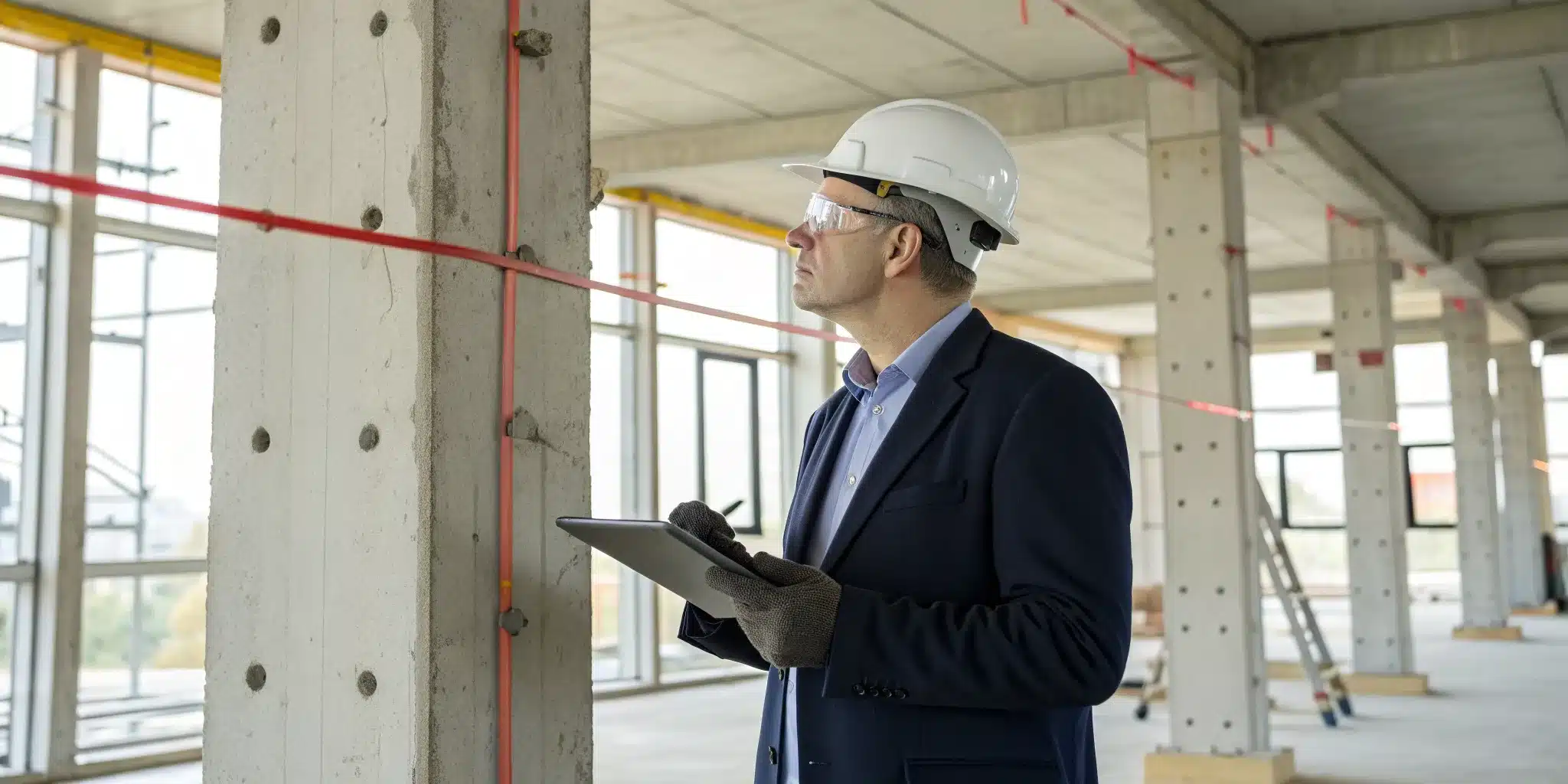 A structural inspector examines building columns with a tablet during a property inspection.