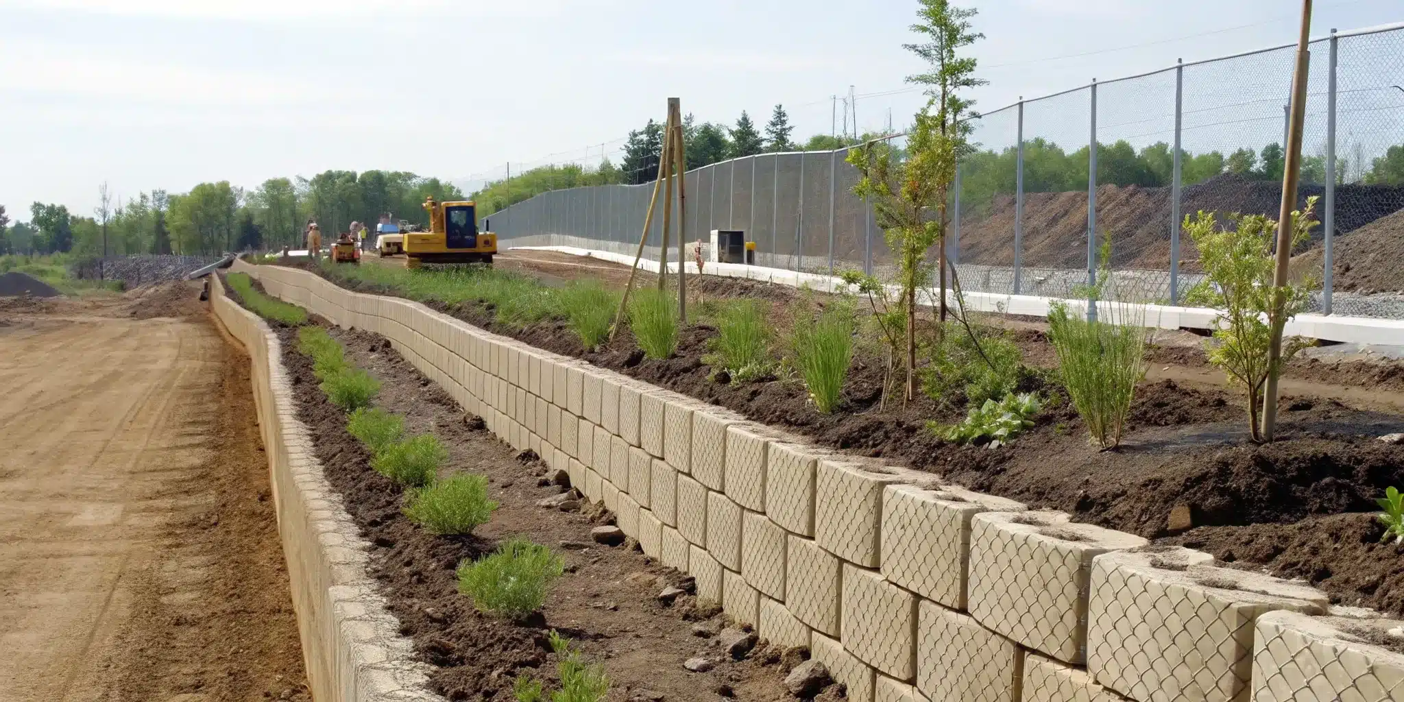 Retaining wall and vegetation used for permitted erosion control at a construction project.