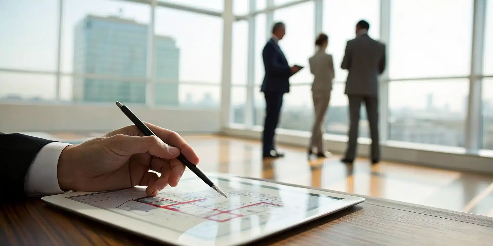 A professional performs an electronic plan review on a tablet as colleagues collaborate nearby.