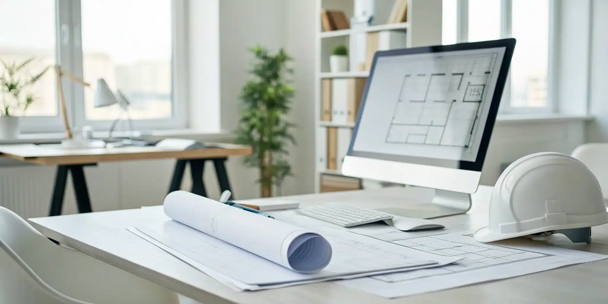 Generating a certificate request on a computer, with blueprints and a hard hat on the desk.