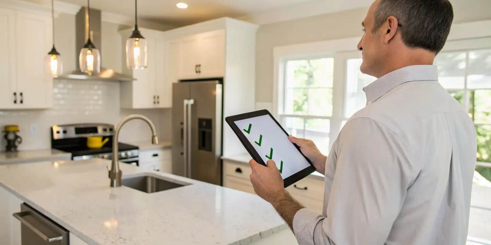 Inspector reviewing a final inspection checklist on a tablet in a modern kitchen.