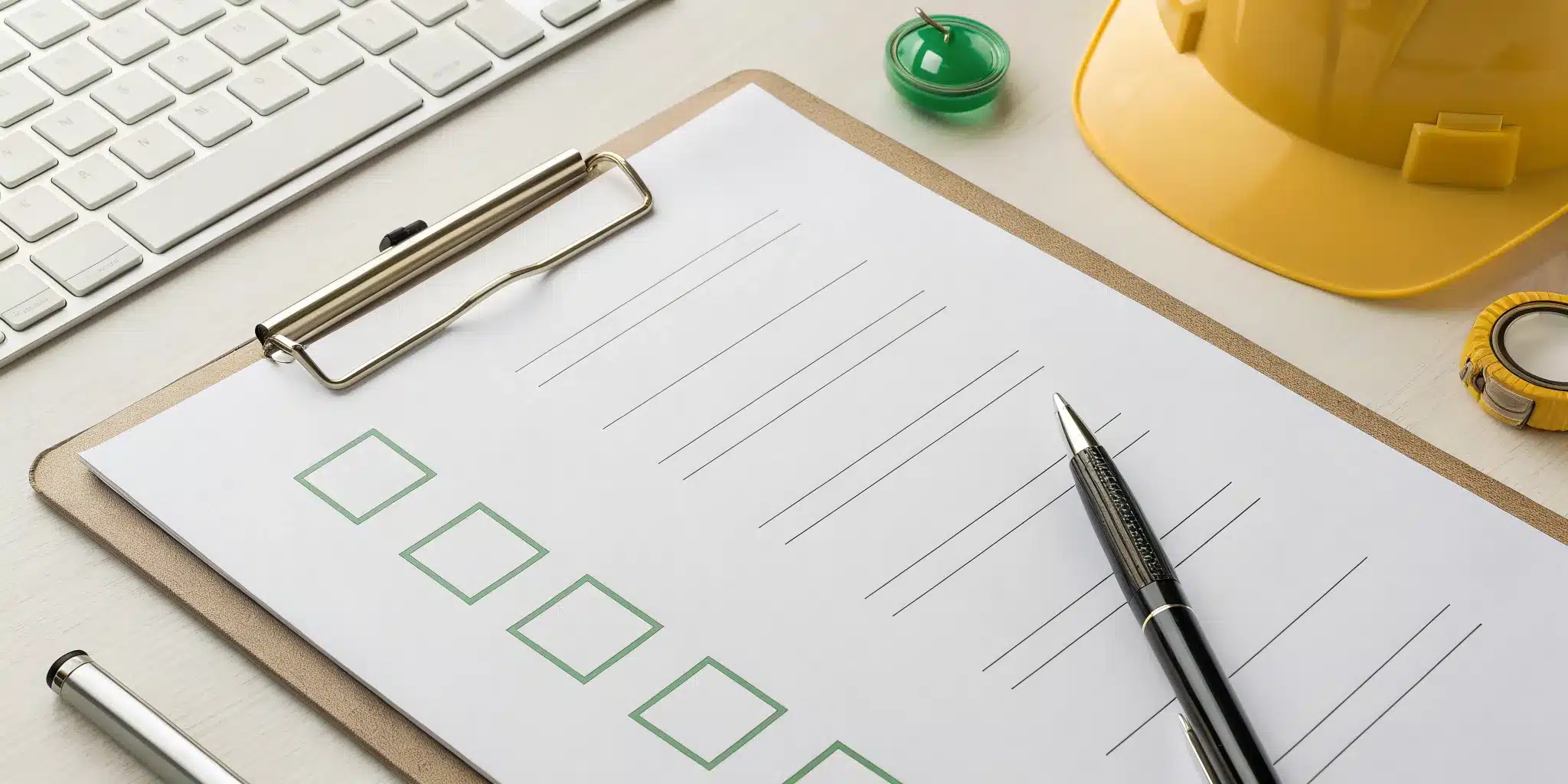 Certificate of occupancy checklist on a clipboard with a pen and hard hat.
