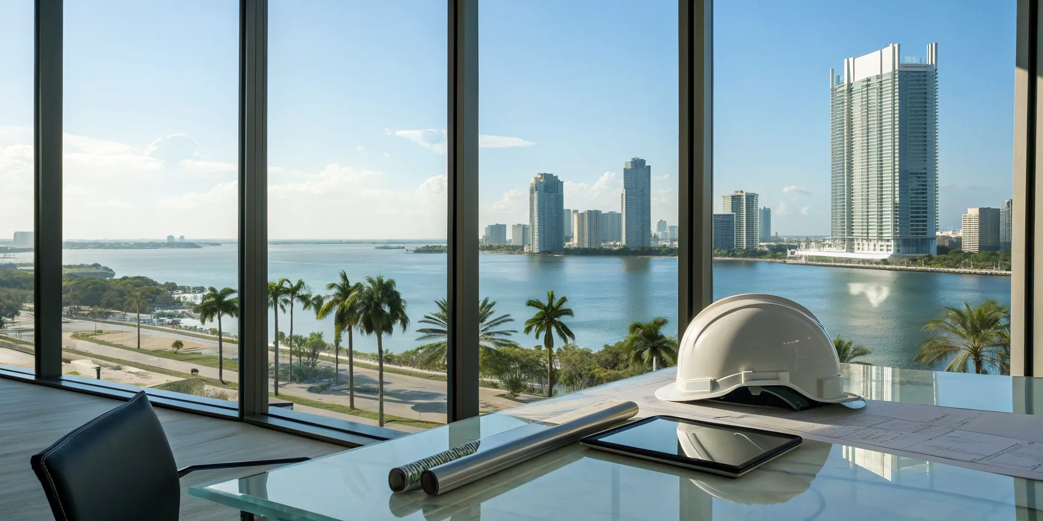 Construction plans for a Florida land use permit on a desk overlooking a city.