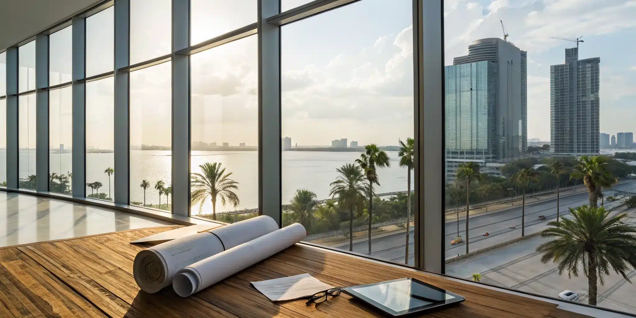 Professional permit expediting services in a modern Florida office with a city view.