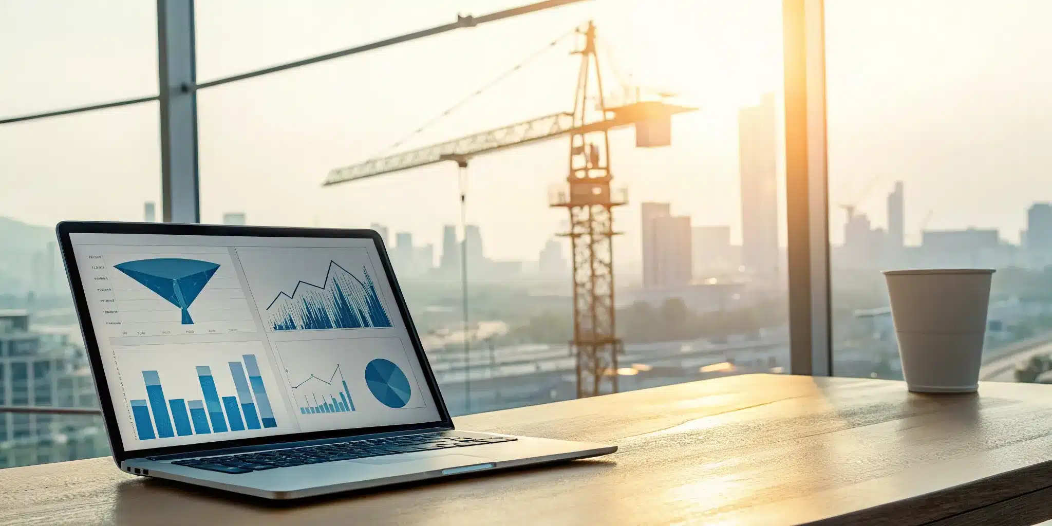 Construction lead generation software analytics on a laptop overlooking a city building site.