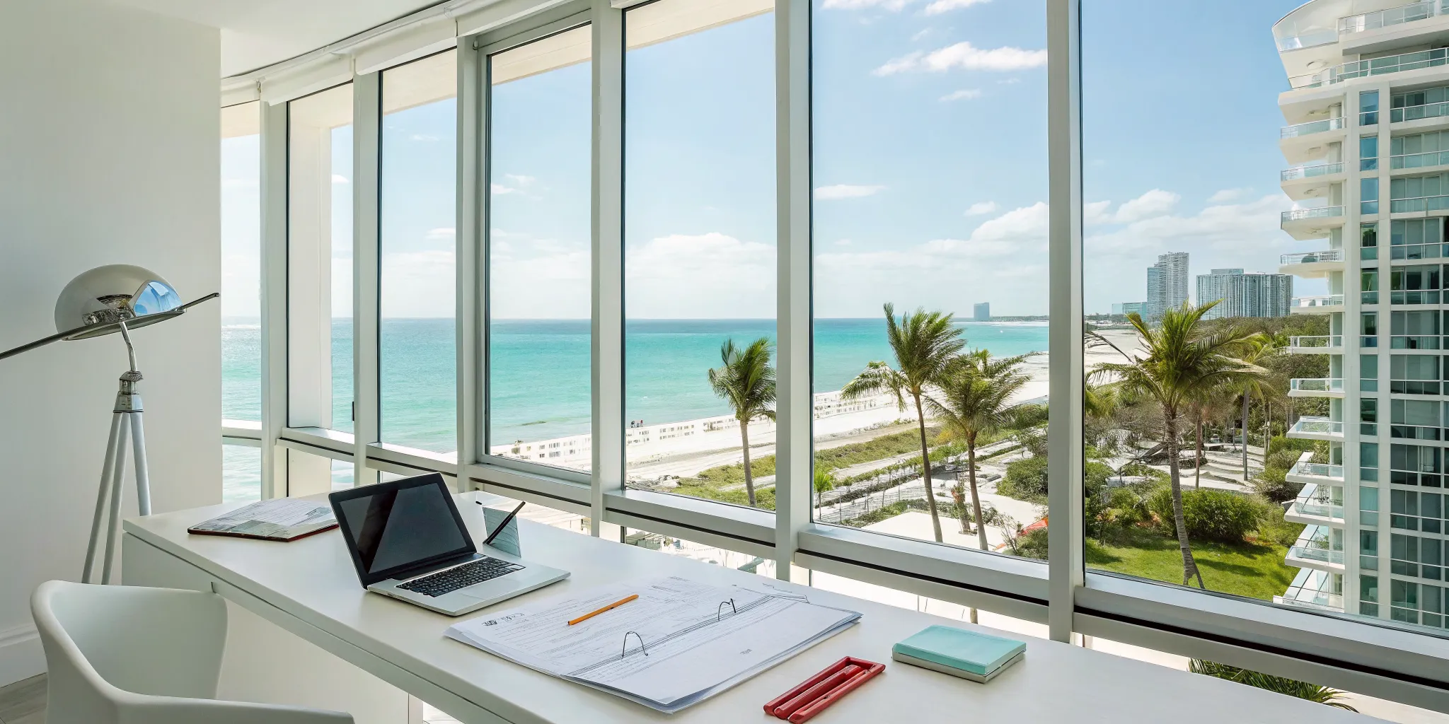 A permit expediter's desk with paperwork and a laptop overlooking the beach in Surfside, Florida.