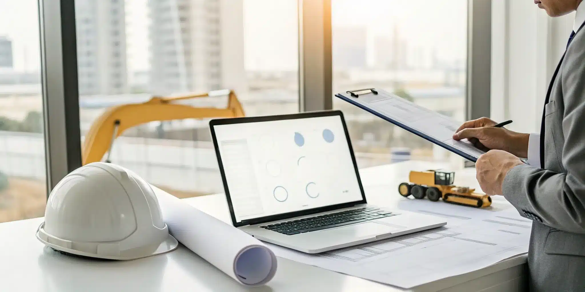 A person at a desk with a hard hat and blueprints applying for a demolition permit.