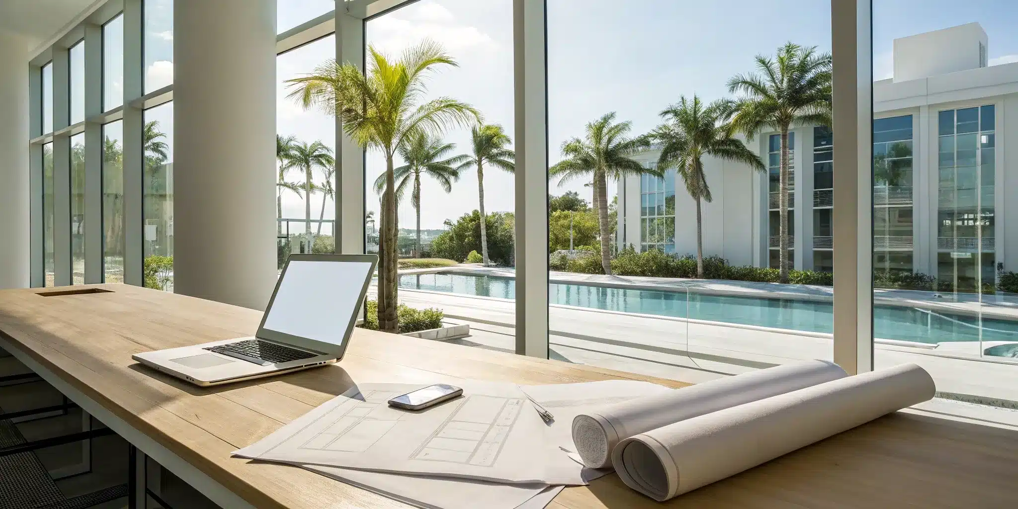 Desk with blueprints and a laptop to apply for a pool permit overlooking a backyard pool.
