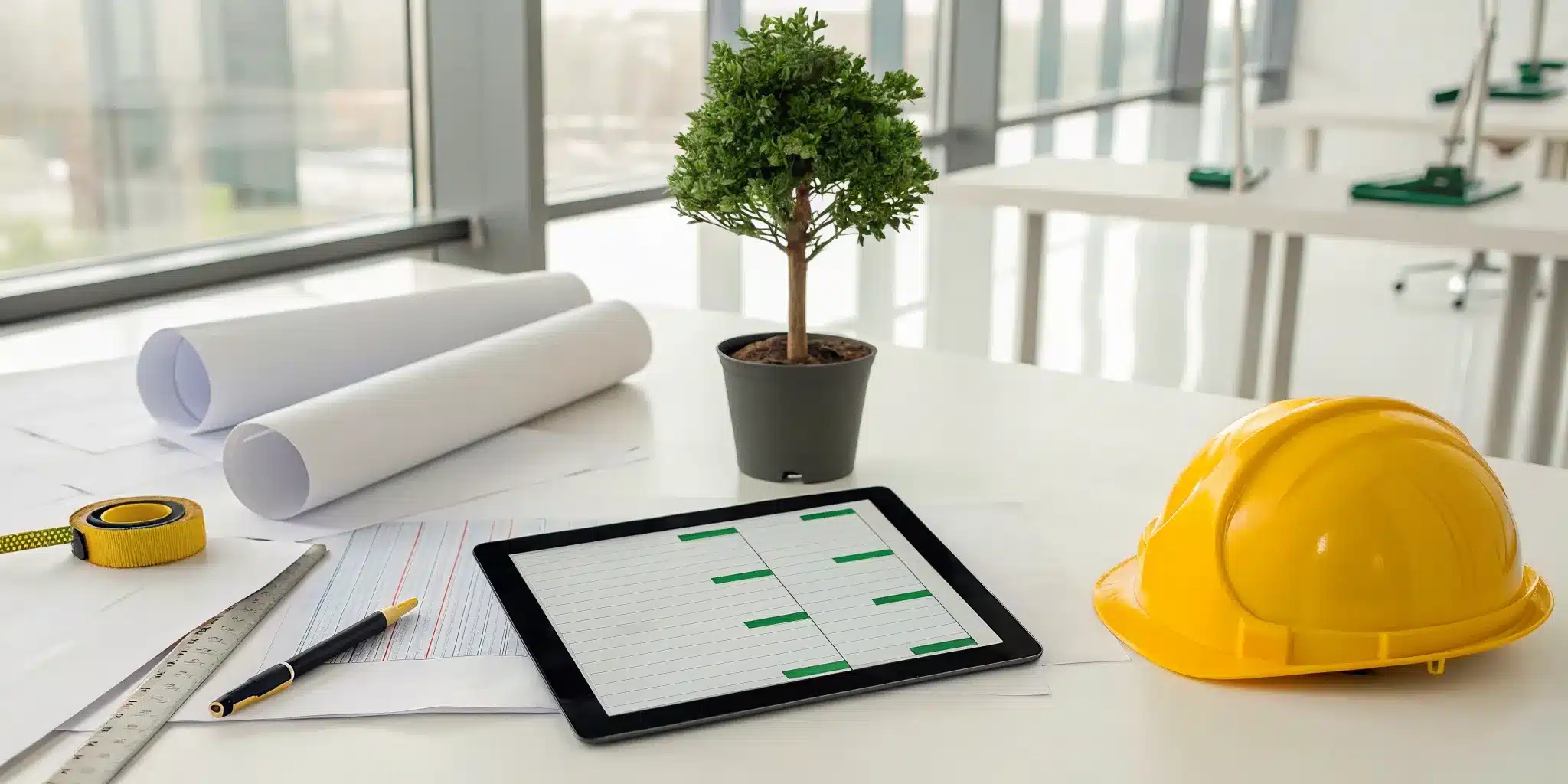 Applying for a tree removal permit with a tablet, site blueprints, and a hard hat on a desk.