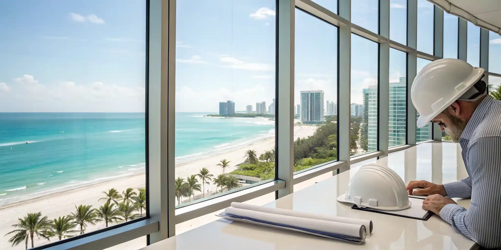 Architect reviewing building permit plans for a new build in Sunny Isles Beach.