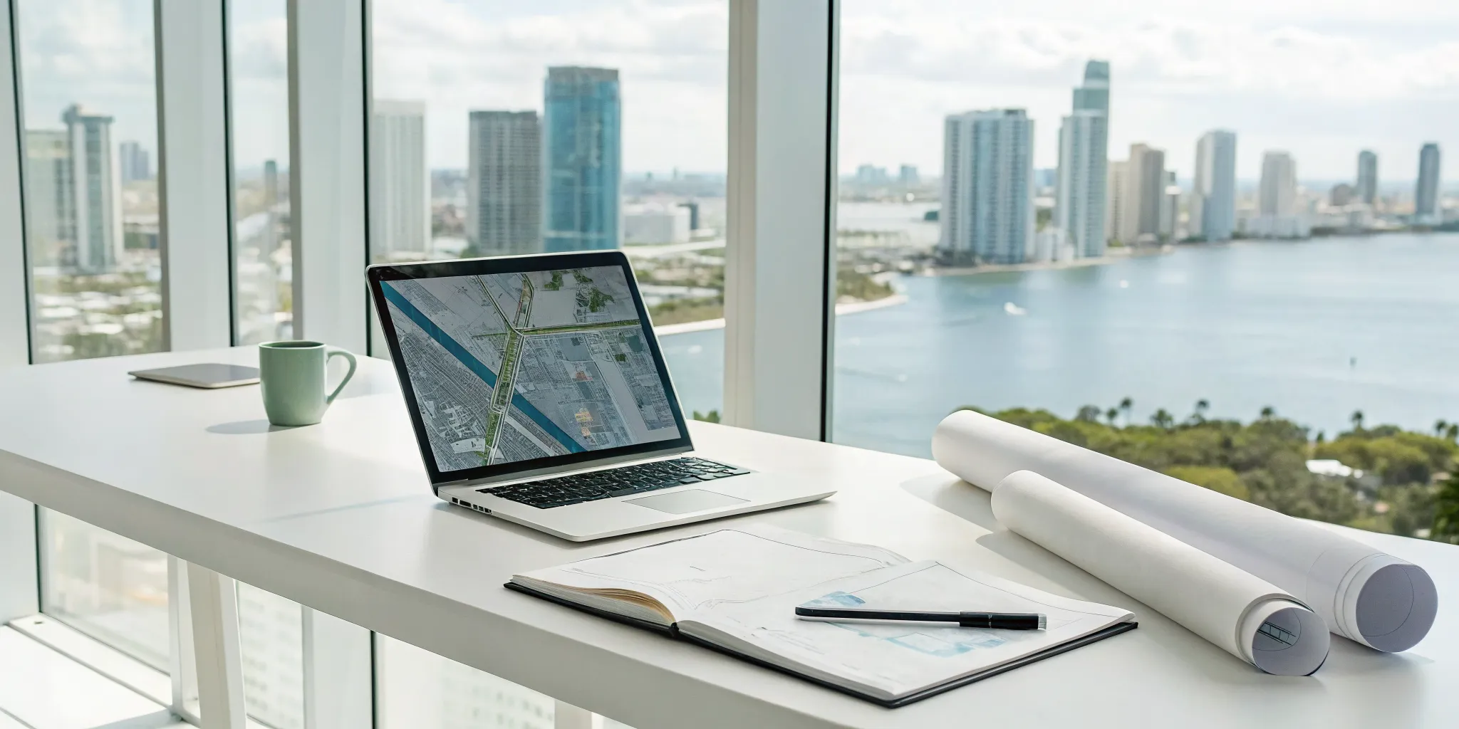 Laptop open to the Miami-Dade County permit search portal, next to project blueprints on a desk.
