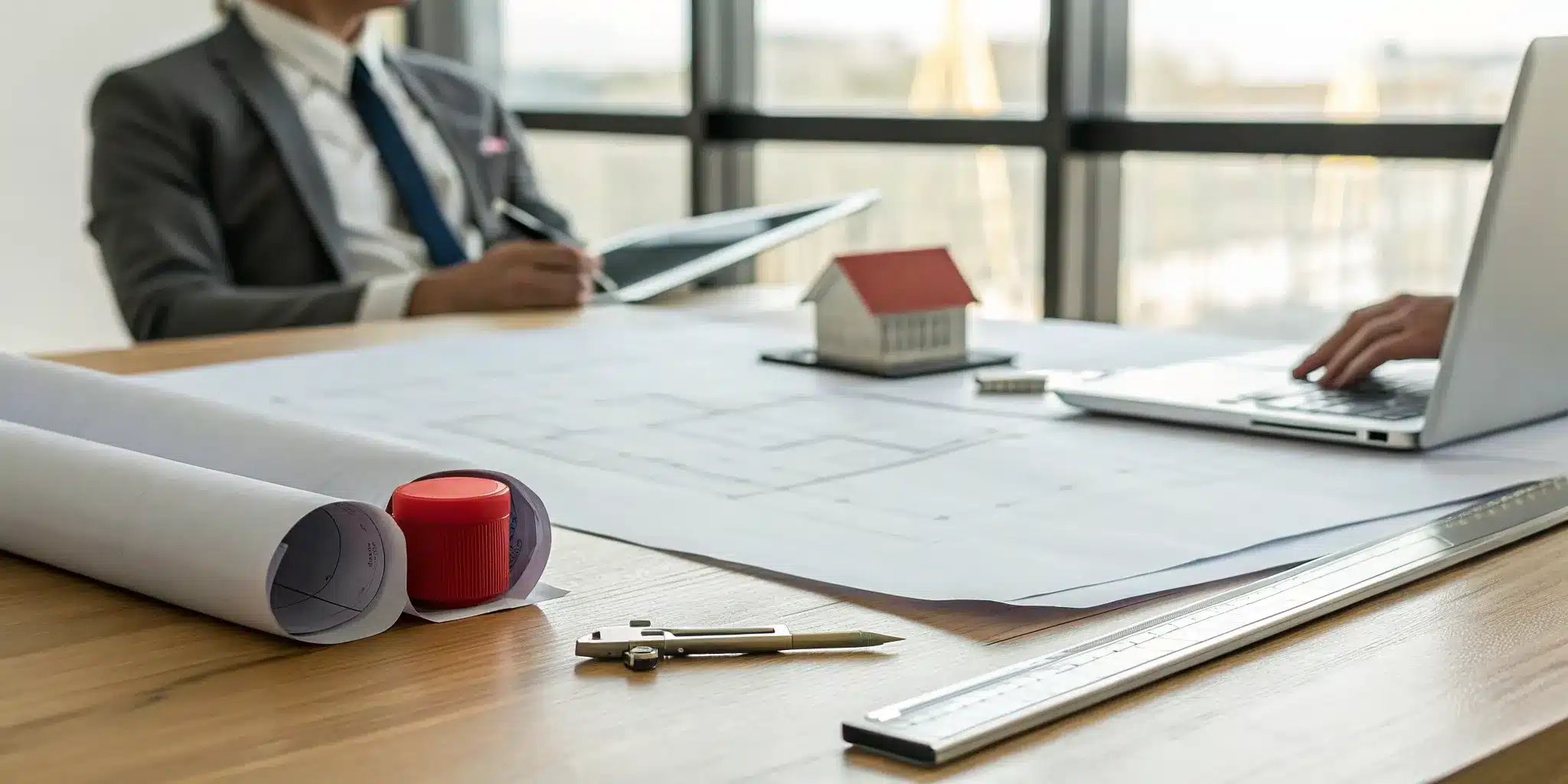 Permit consulting professionals review architectural plans and a model house for a new project.