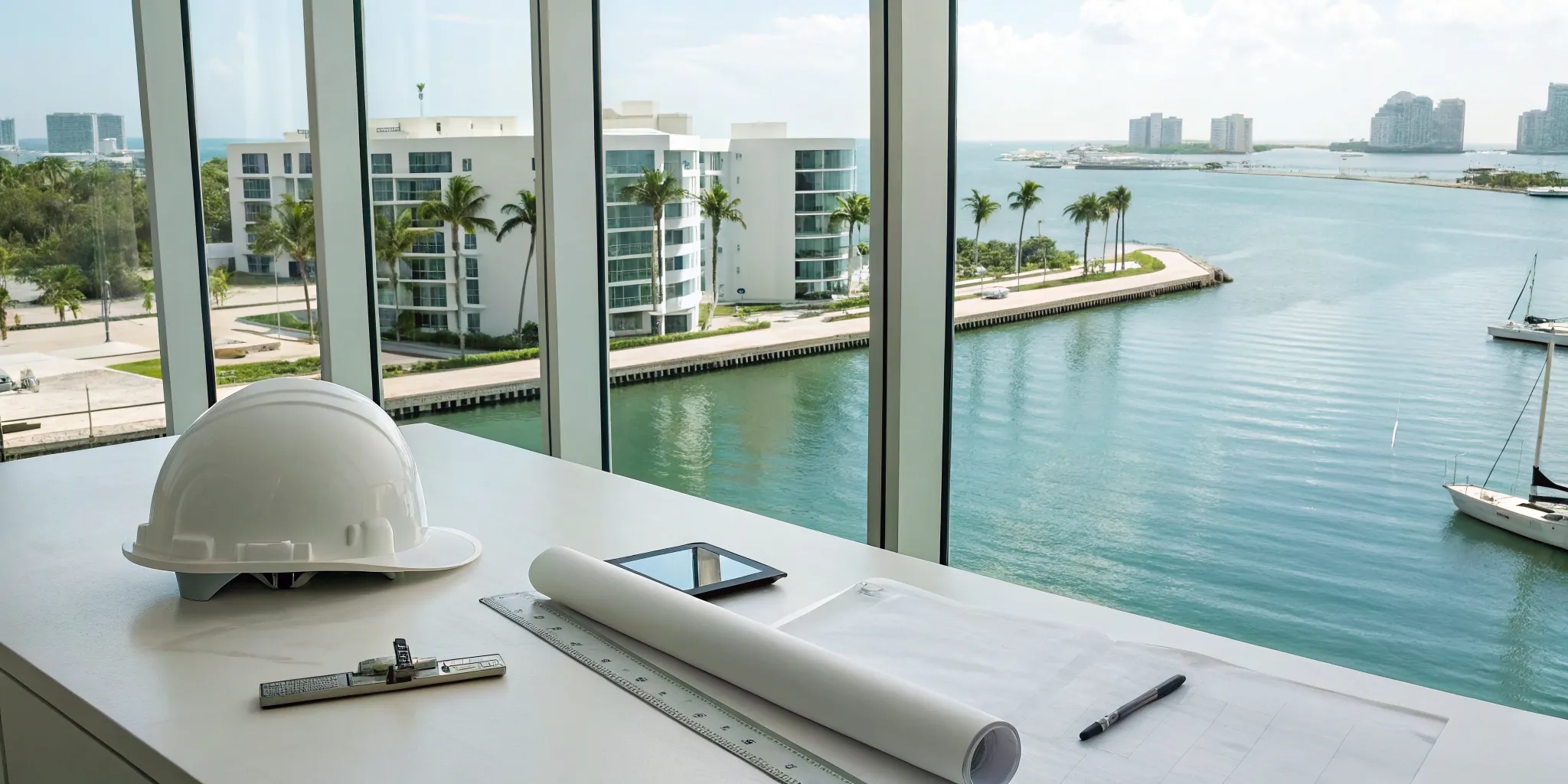 A permit expediter's desk in Bay Harbor Islands with plans and a hard hat overlooking the waterfront.