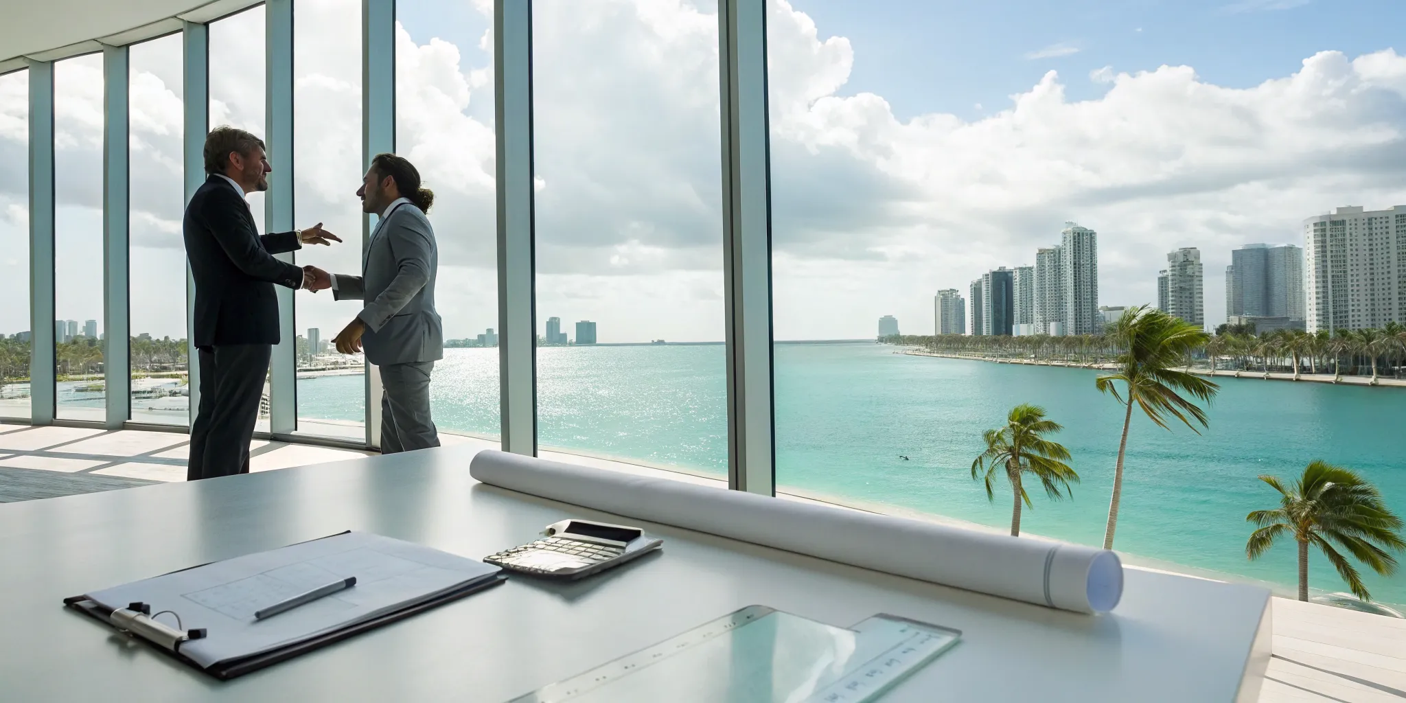 A Miami-Dade County permit expediter shaking hands with a client in a modern office.