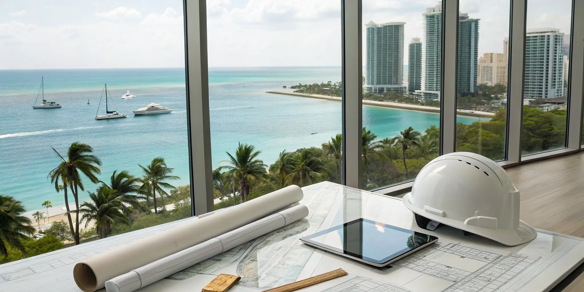 Permit expediting for a construction project in Bal Harbour with plans and an oceanfront view.
