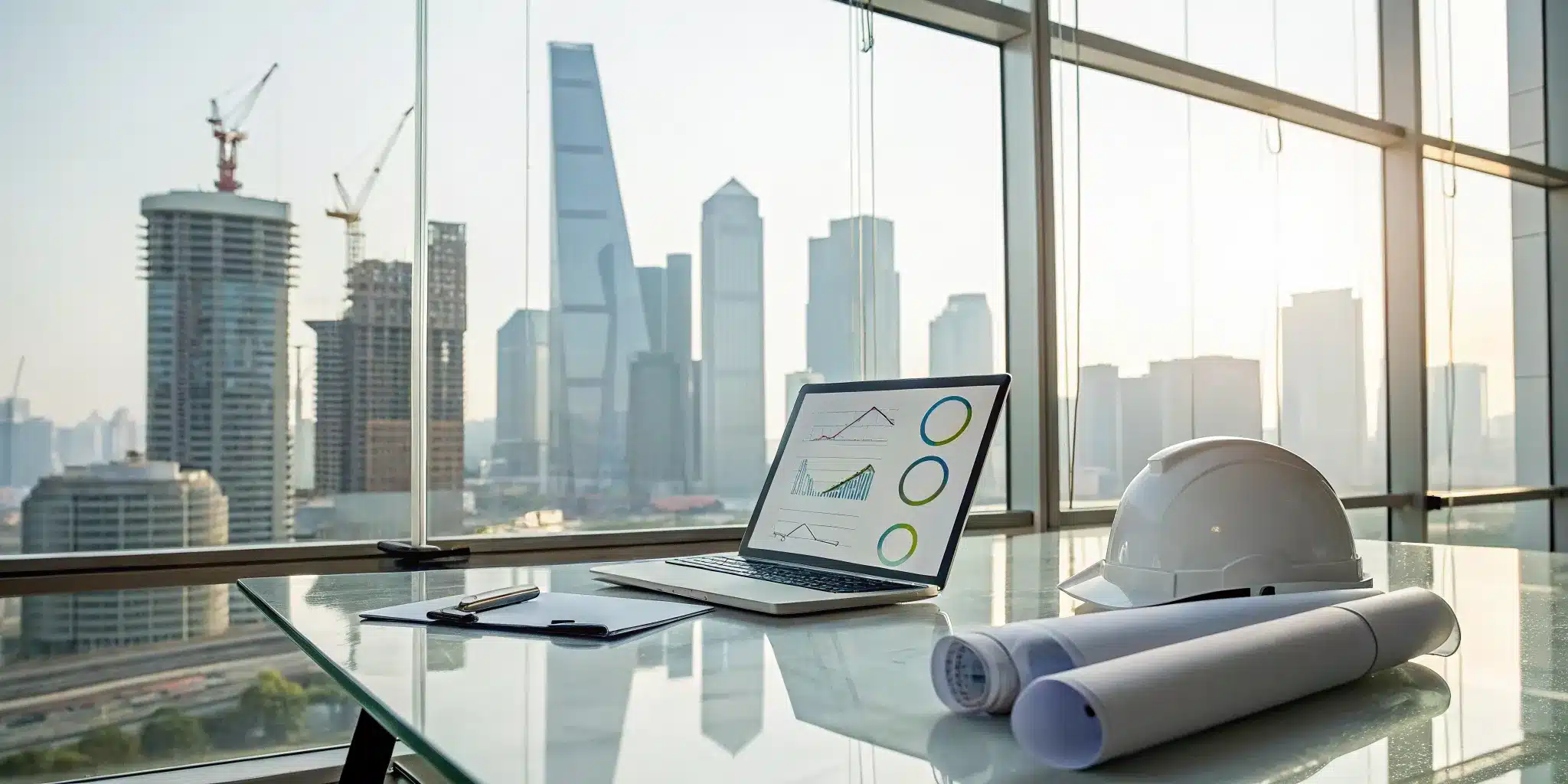 Office desk with tools for permit management services, including a laptop, blueprints, and a hard hat.