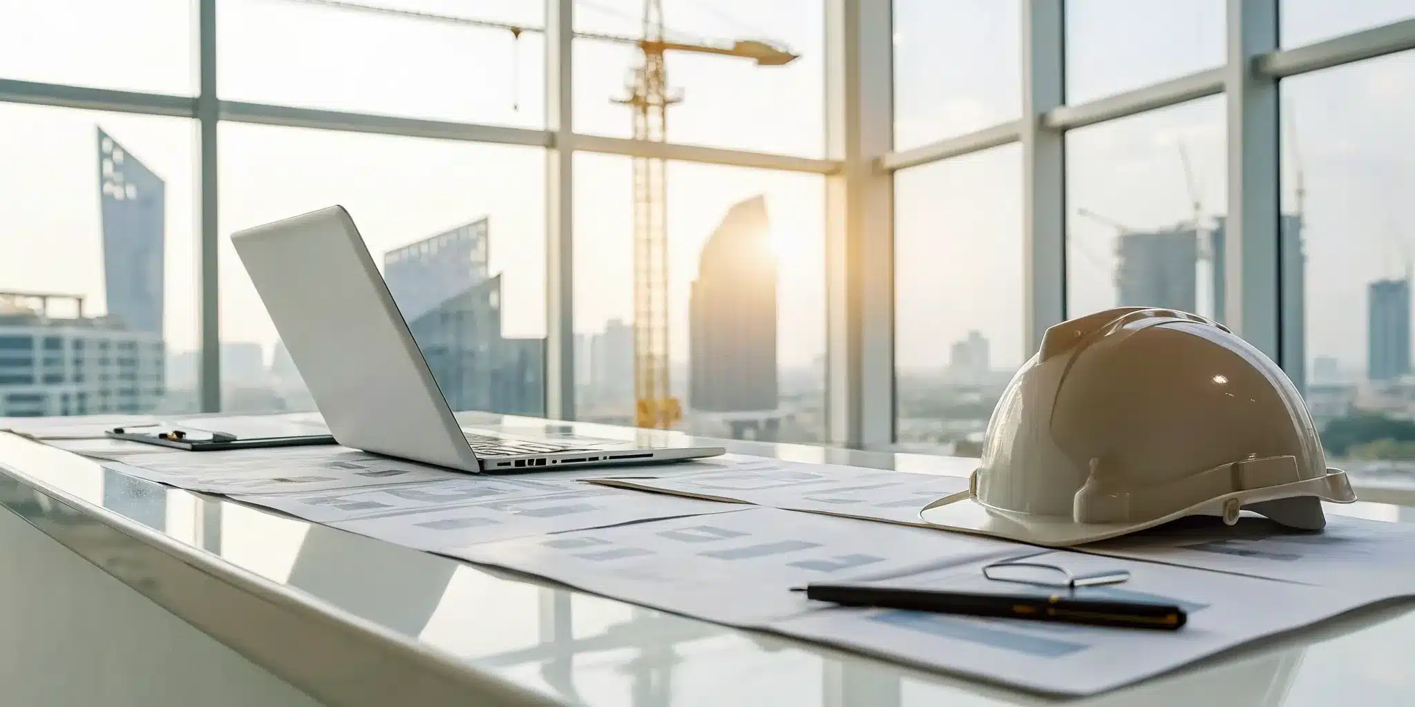 Construction plans and a laptop on a desk for the building permit approval process.