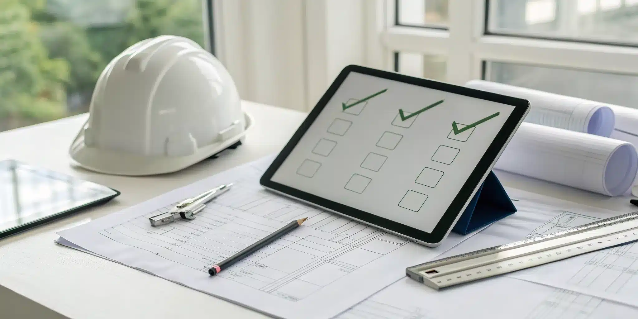As-built drawing checklist on a tablet with construction blueprints and a hard hat.