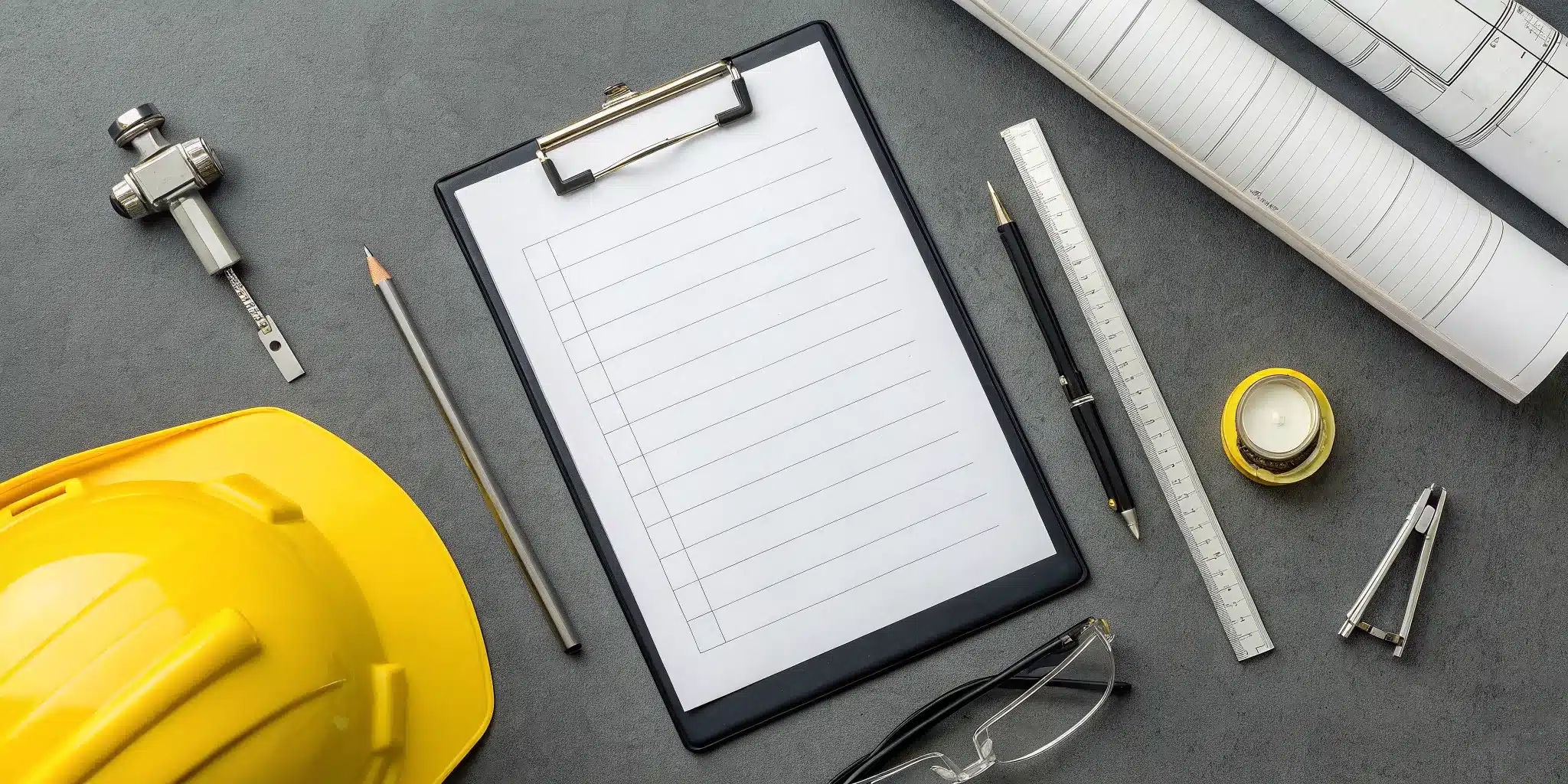A checklist for a demolition permit application sits on a desk with blueprints and a hard hat.