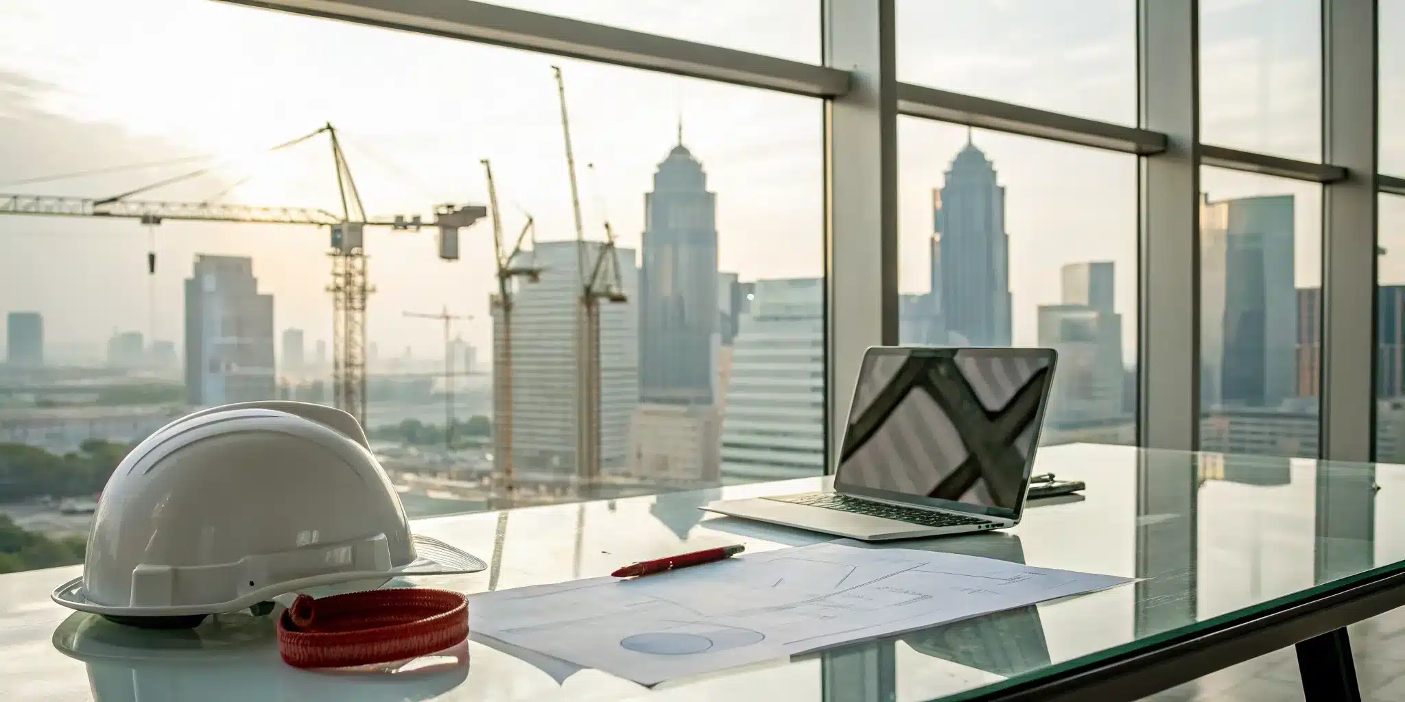 Blueprints, a laptop, and a hard hat used for construction permit expediting services.