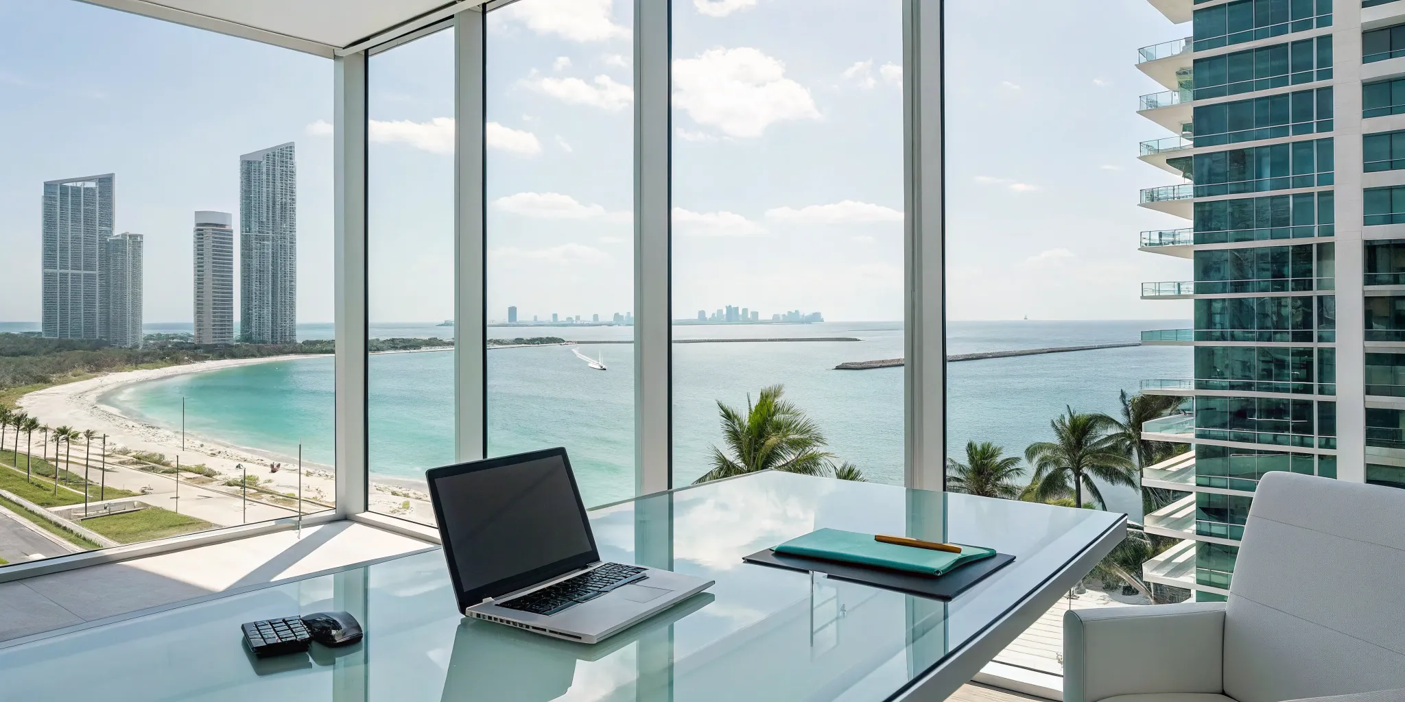 A permit expediter's paperwork on a desk overlooking the Bal Harbour oceanfront.