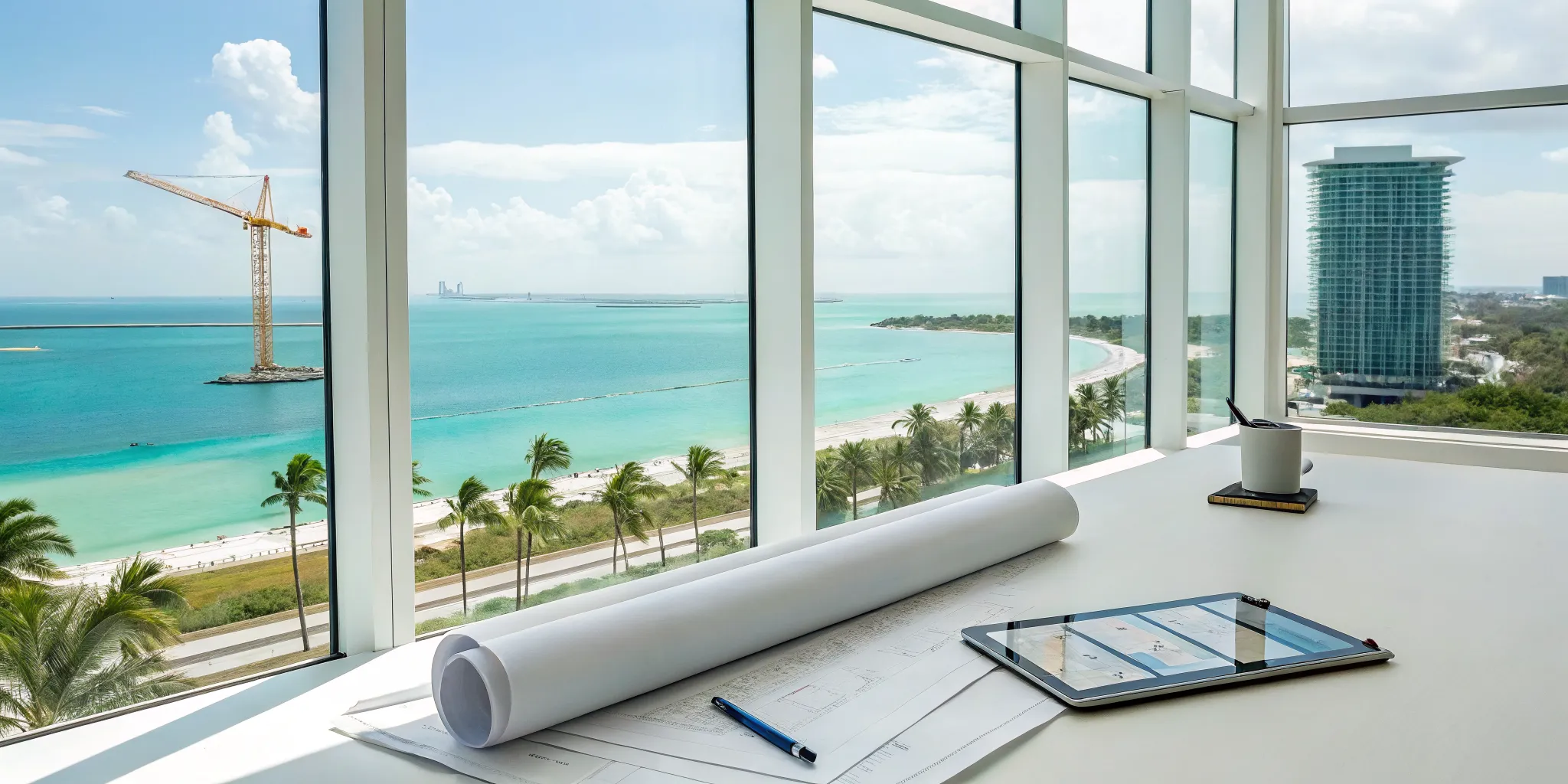 A permit expediter's desk with blueprints and a tablet overlooking a North Miami Beach construction project.