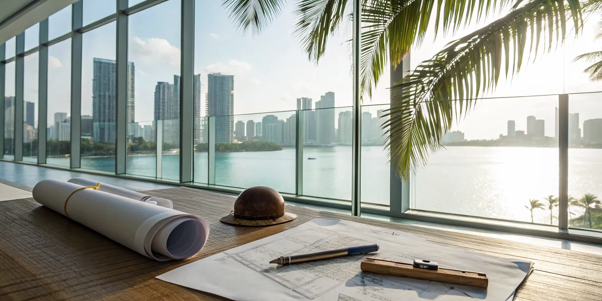 Architectural plans for permit management on a desk with a Miami-Dade waterfront view.