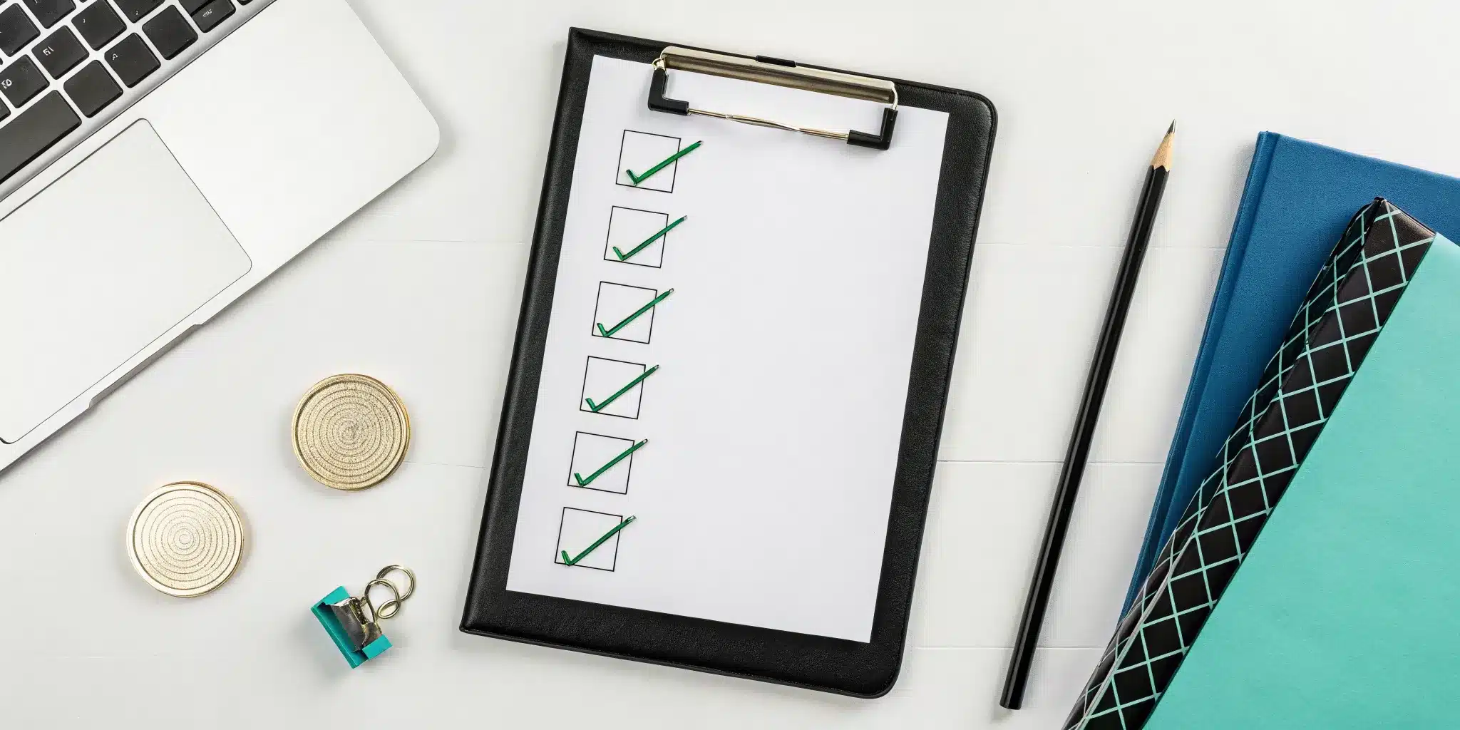 A clipboard holds a permit audit checklist with green check marks next to completed tasks.